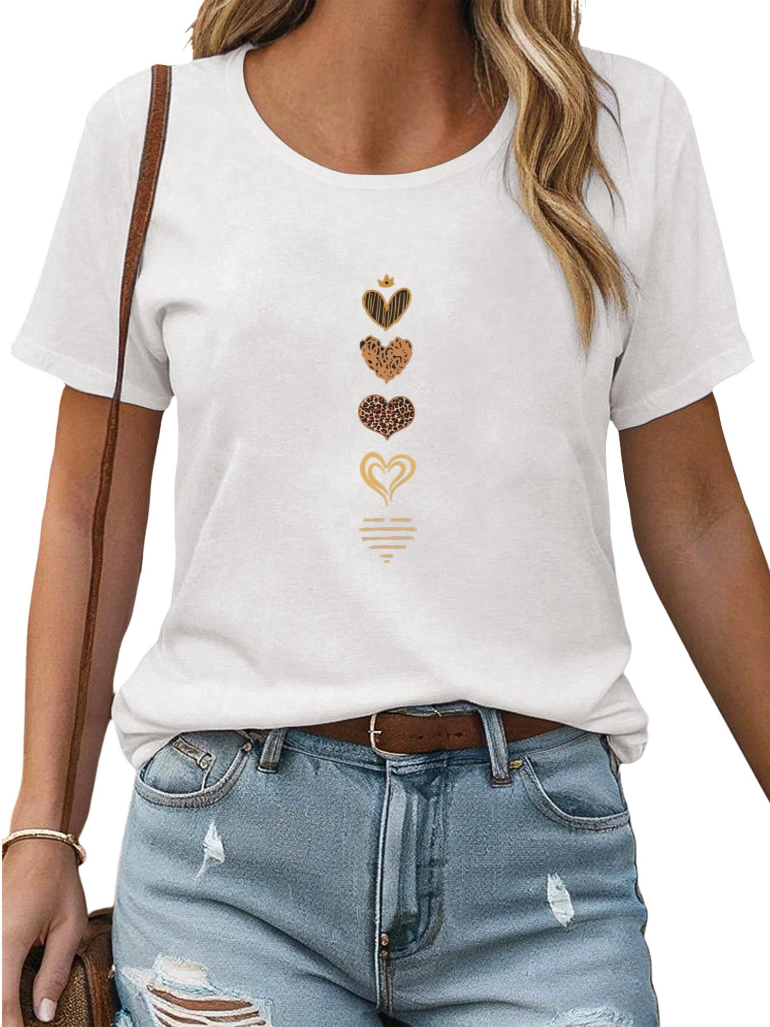 PYLIKE Kurzarmbluse Damen Bequemes Sommer Kurzarmbluse Locker Liebe Print-S günstig online kaufen