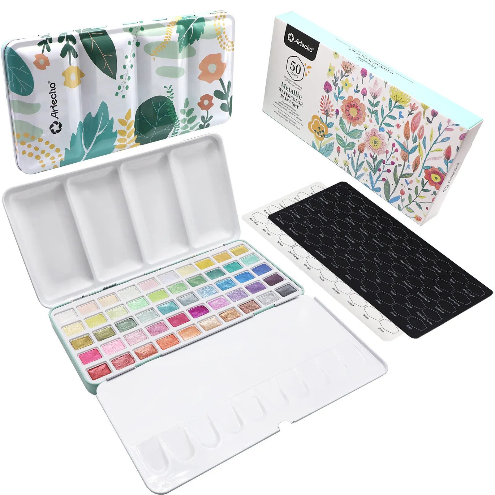 Artecho Aquarellfarbe Set- 50 Metallic Aquarellfarben Wasserfarben im praktischen Metalletui, -egal ob unterwegs oder Zuhause -für Künstler, Hobbymaler & Einsteiger