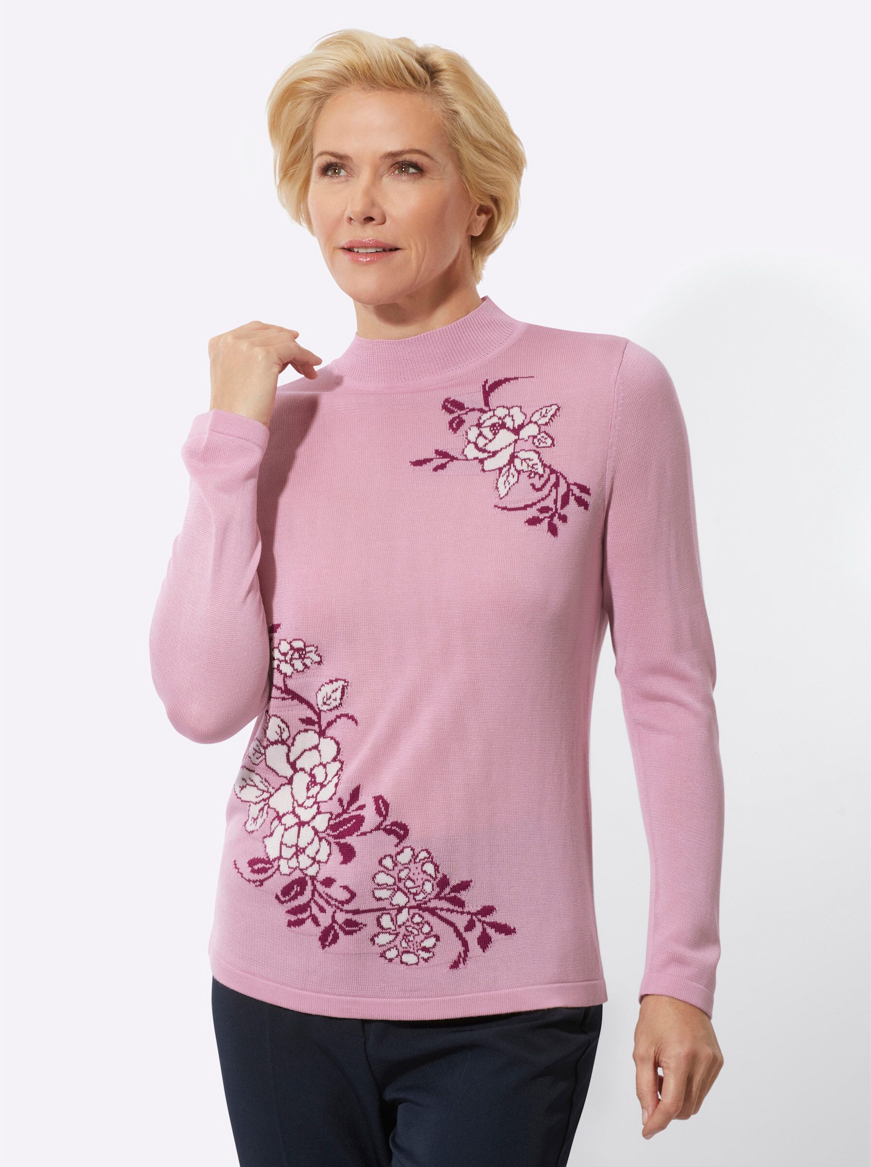 Strickpullover Stehkragen-Pullover Langarm Jacquard, Jersey
