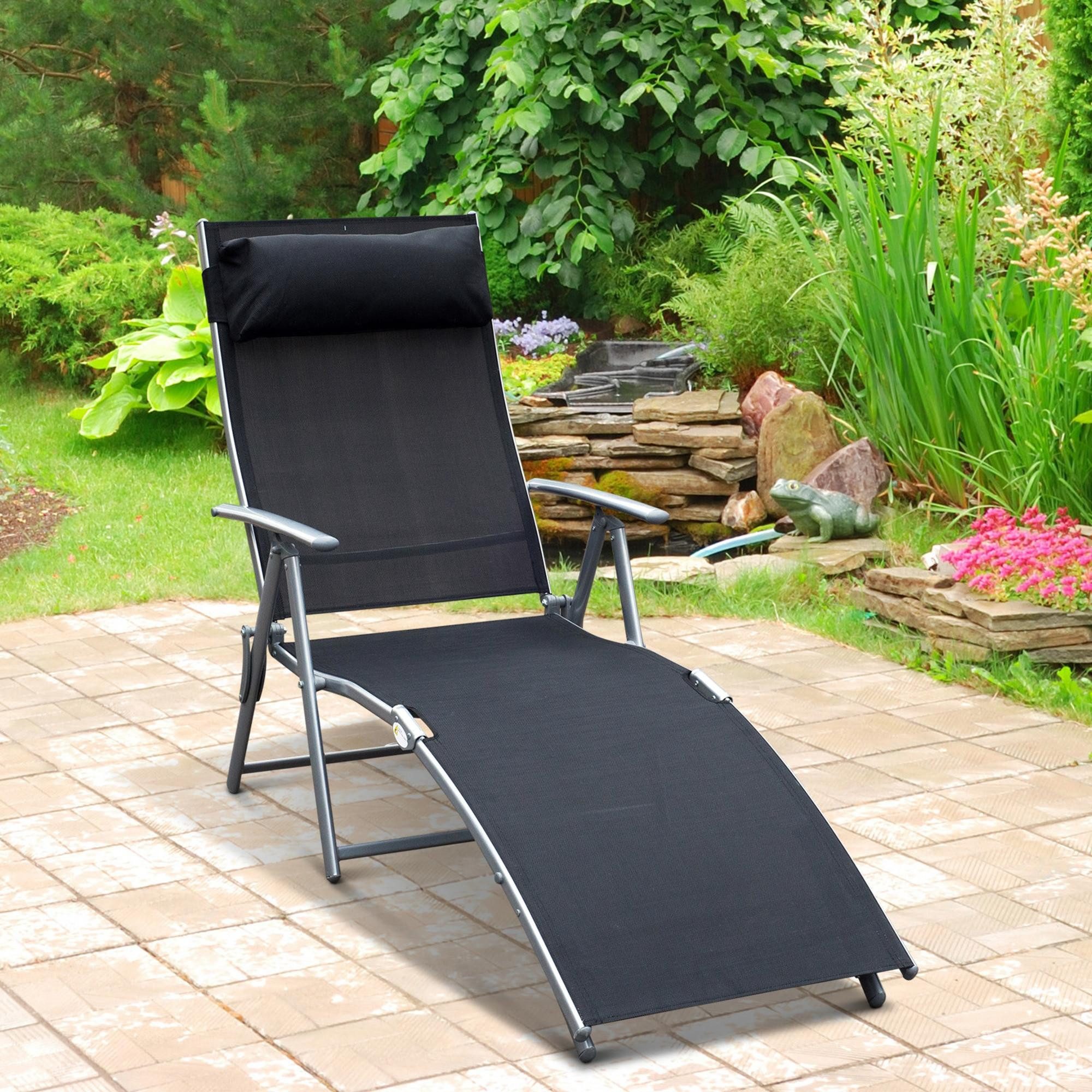 Outsunny Gartenliege Strandliege mit Kopfkissen, Liegestuhl bis 165 kg belastbar., Liegestuhl mit 7-Fach verstellbare Rückenlehne, 1 St., Strandliege mit Kopfkissen, Klappbar, mit Kopfkissen, 7-fach verstellbare Rückenlehne
