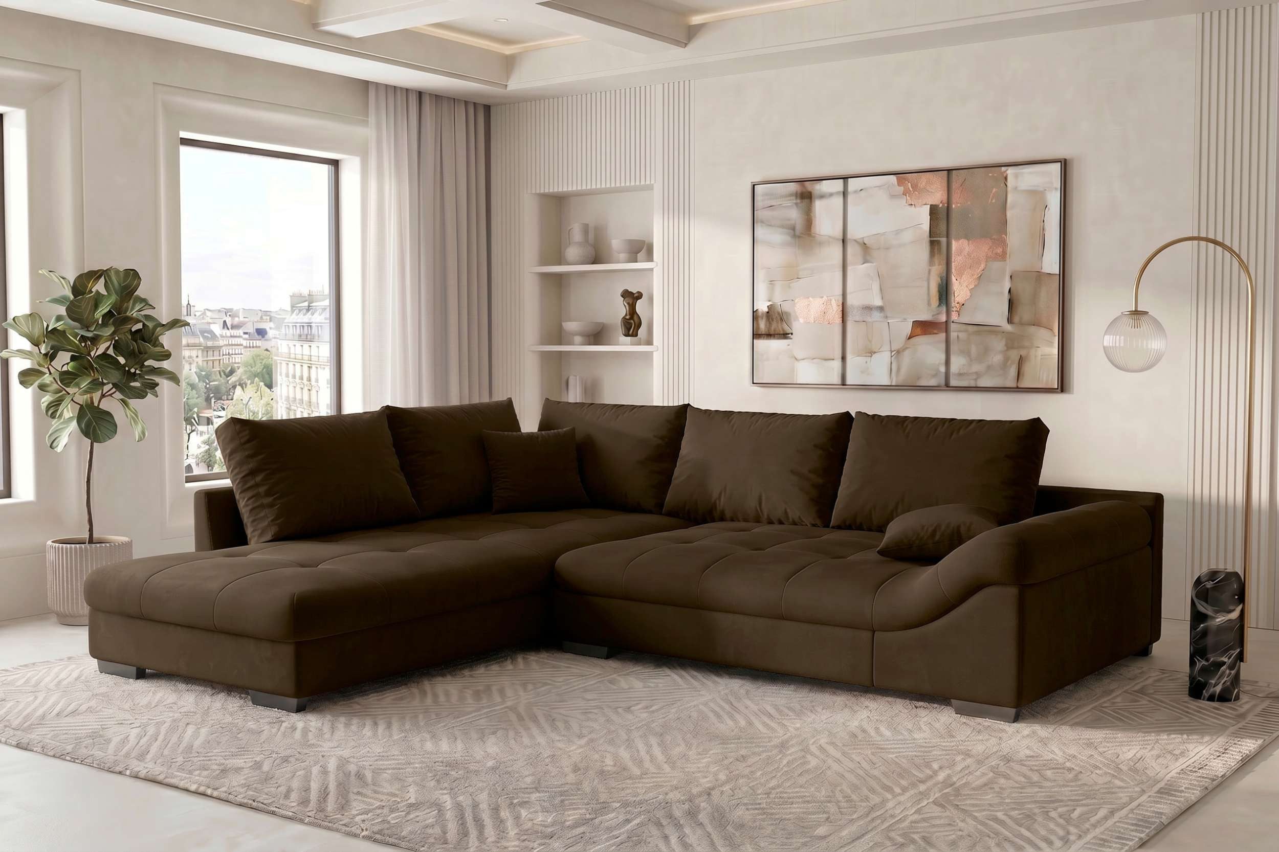 Sofa Dreams Ecksofa Mykonos L-Form in Stoff, Ecksofa, L-Form, Inkl. 5 Rückenkissen, mit Rundumbezug, Wellenfederung