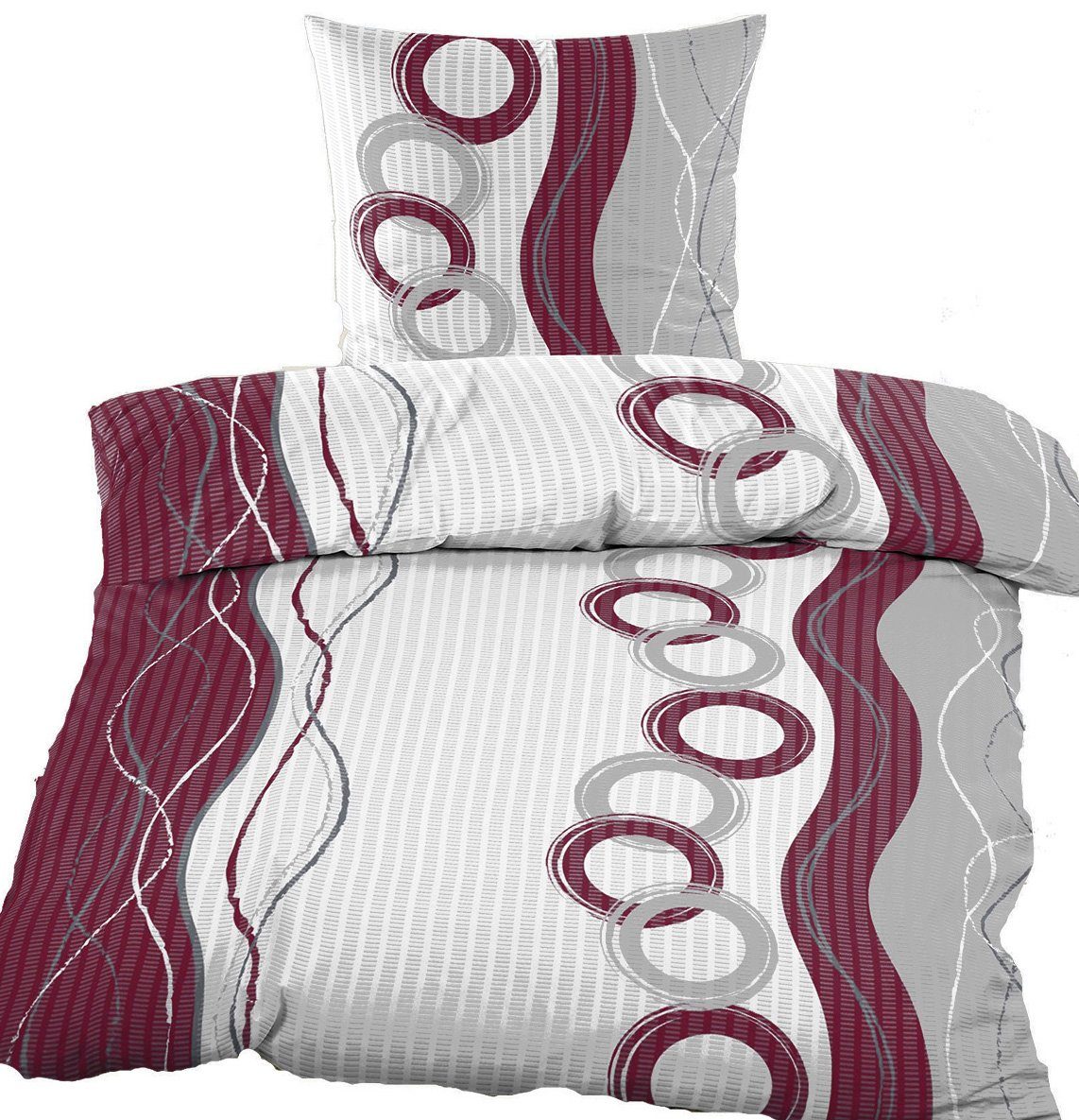 KH-Haushaltshandel Bettwäsche Seersucker Bettwäsche 135x200 +80x80cm, Wellen Kreise, Seersucker, lilabeere grau weiß, Kreise mit Wellen/Streifen Muster, bügelfrei