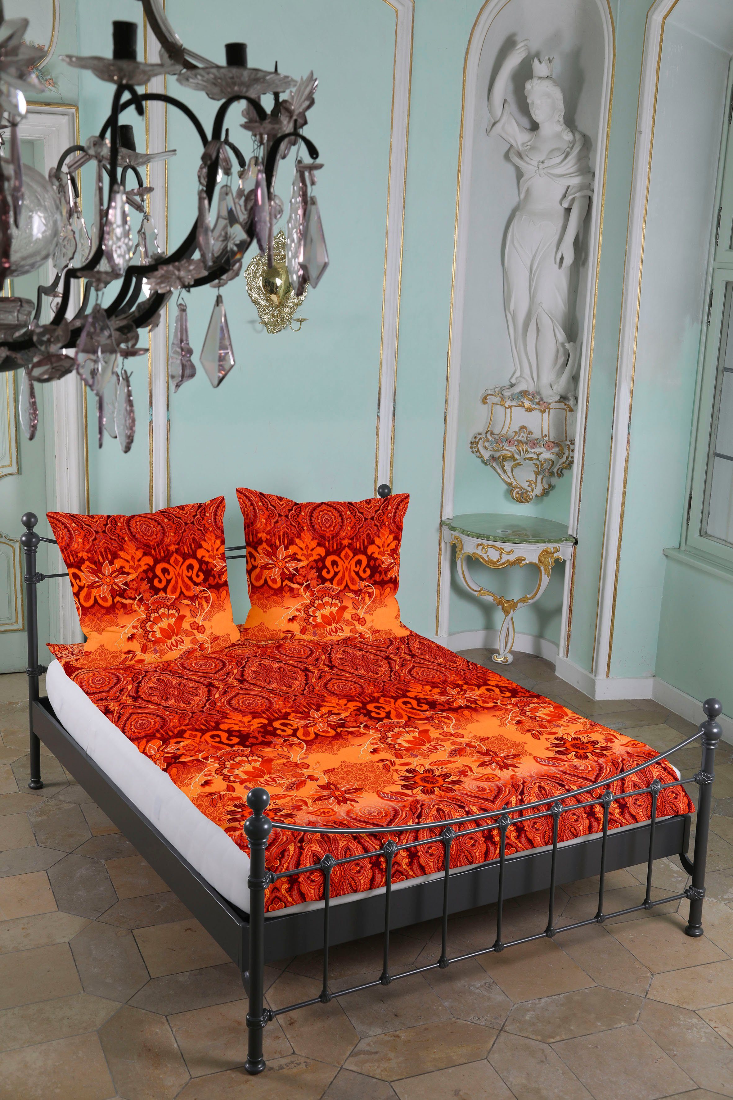 Paisleydessin und CASATEX, Bettwäsche Suzani, 2 rubin/orange Blüten Satin, teilig, harmonisches