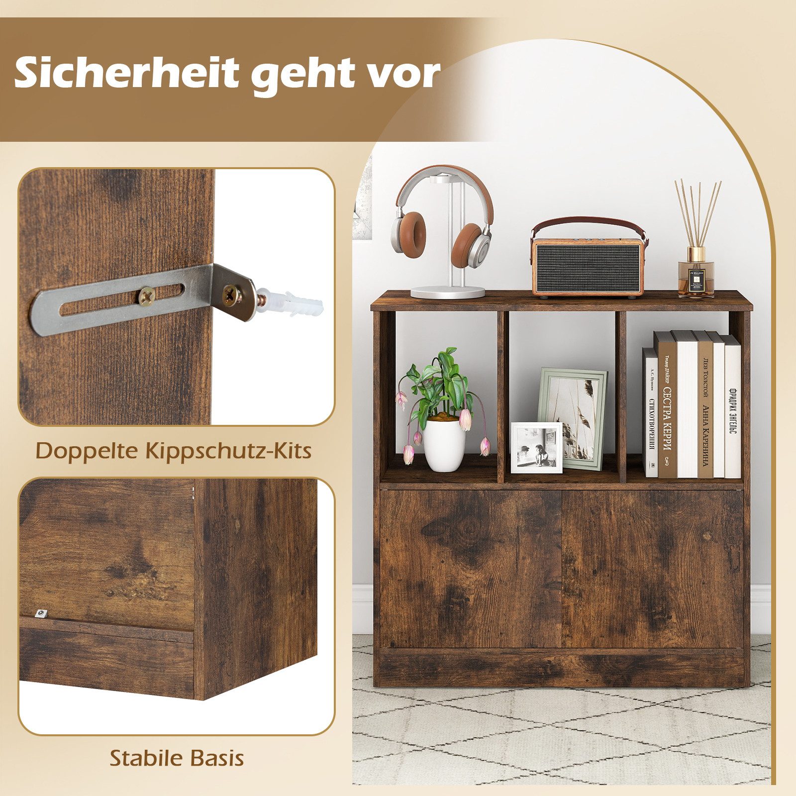 COSTWAY Bücherregal Standregal Würfelregal mit 3 Fächern & Tür, Holz 70x30x70cm – Bild 4 von 5