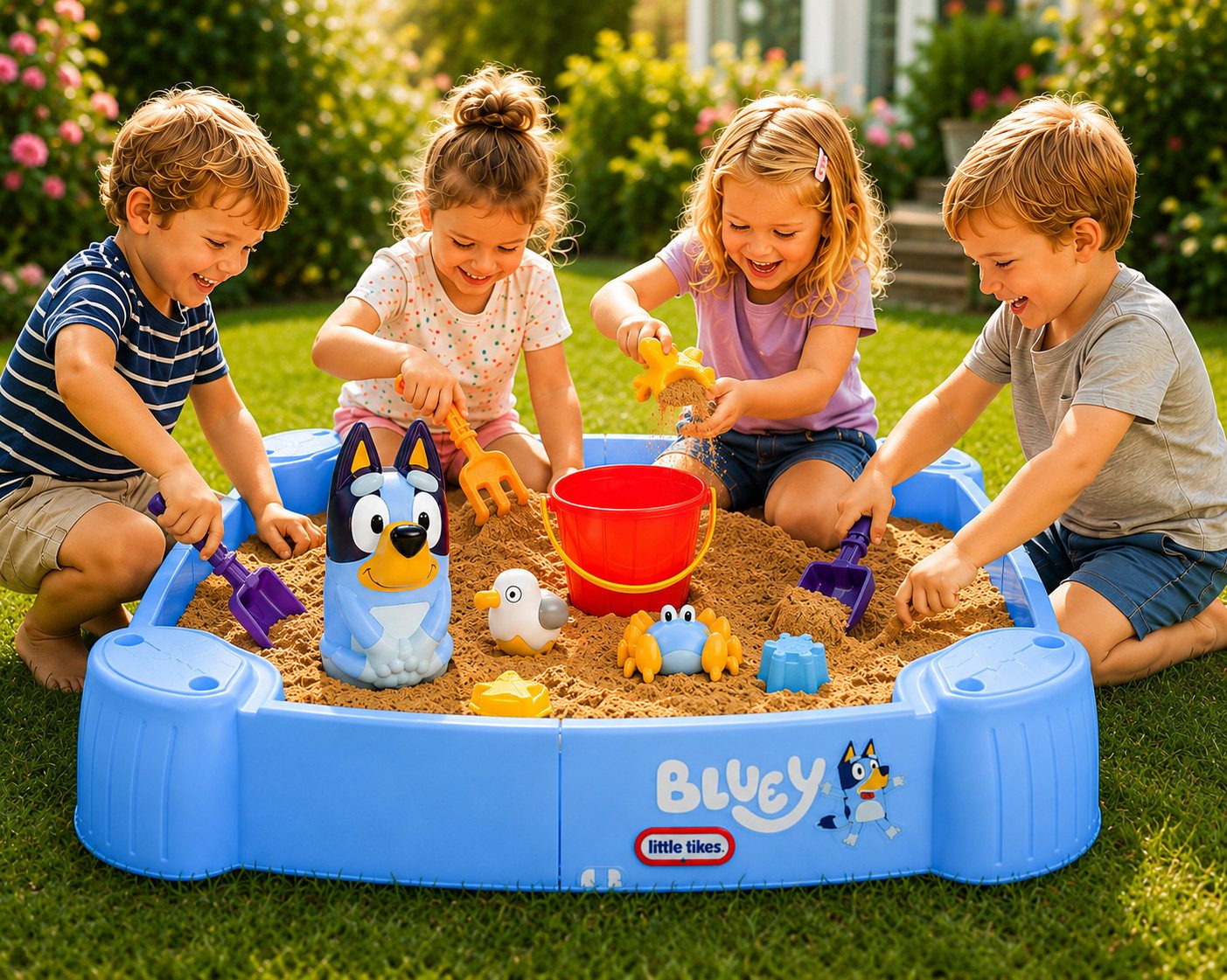 Little Tikes® Sandkasten Bluey Beach Day mit Deckel, Buddelkasten, Sandspielzeug, Garten, (Spielset, 2-tlg., Komplettset mit Zubehör), Abnehmbarer Deckel, 4 Sitzplätze, Bluey Design, Outdoor geeignet