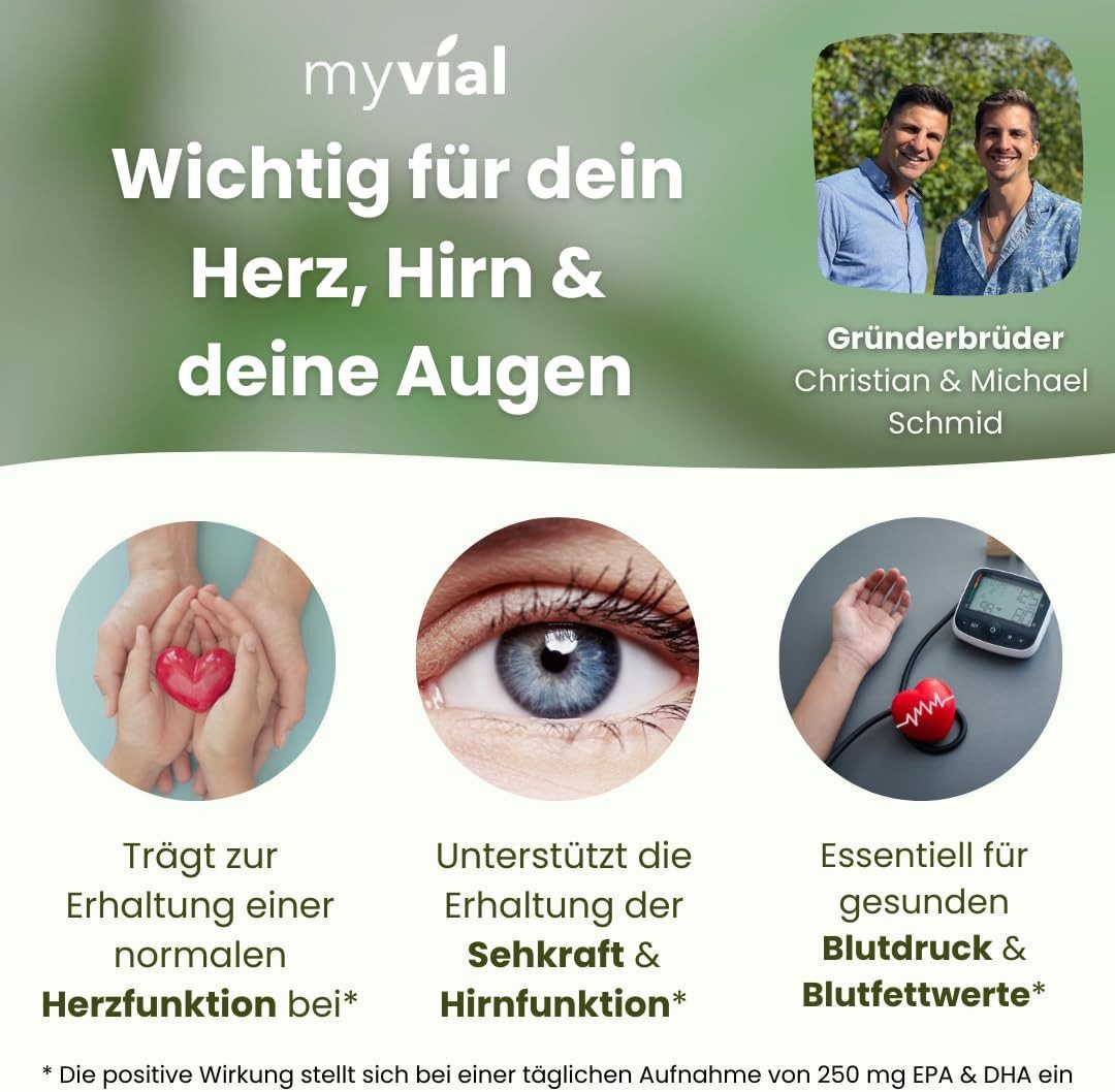 myvial Pflanzliche Omega 3 Kapseln aus Algenöl - 600 mg EPA & DHA Kapseln, 120 vegane Kapseln, DHA- und EPA-reiches Öl, Mikroalge Schizochytrium à 120 St., plastikfrei verpackt, 60 Tage Vorrat, höchste Qualität