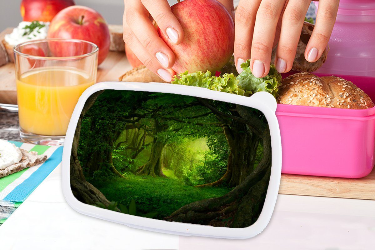 - Landschaft - Natur, Erwachsene, Kunststoff Kunststoff, für Brotbox (2-tlg), - Grün Brotdose Kinder, Lunchbox MuchoWow - Snackbox, Mädchen, Bäume rosa Wald