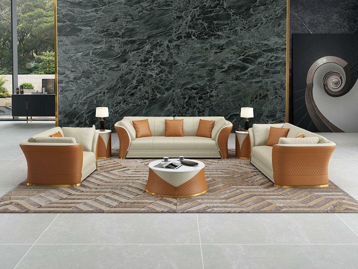 JVmoebel Wohnzimmer-Set Sofa Couch Polster 6tlg. Orange Tisch, Garnitur (6-St) Leder Garnituren Couchtisch