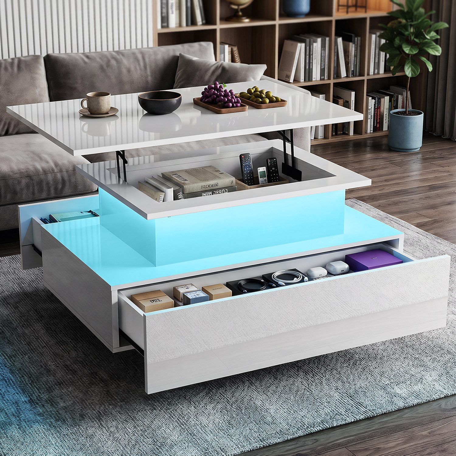 oyajia Couchtisch Hochglanz Wohnzimmertisch Mit LED Beleuchtung, Höhenverstellbarer (Bluetooth-Fernbedienung.App-Steuerung, offenen Fächern,stabil, pflegeleicht, Hochglanz-Design, 85 x 55 x 42-59.5cm Beistelltisch), mit 2 Schubladen und Stauraum
