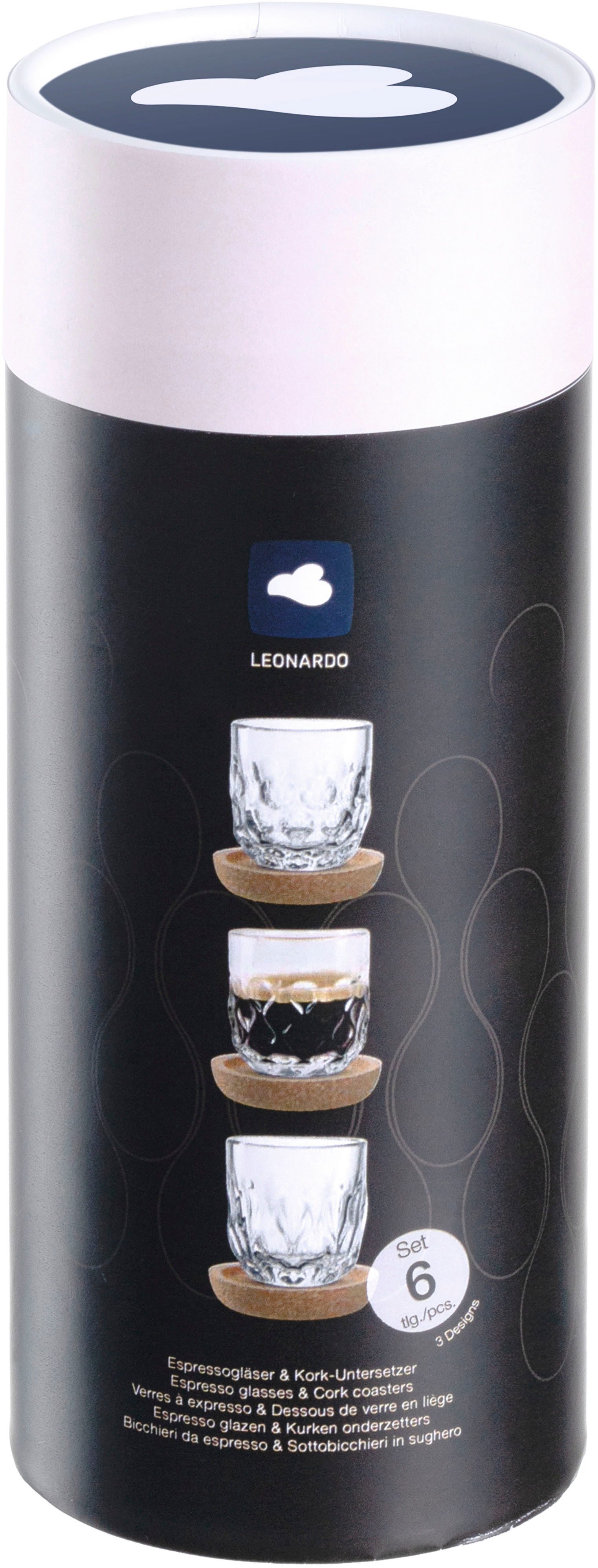 LEONARDO Gläser-Set Espresso-Set GOCCE, 90 ml, 6-teilig, 6-tlg., Glas, 3 Gläser mit unterschiedlichem Tropfenrelief, inkl. Kork-Untersetzer