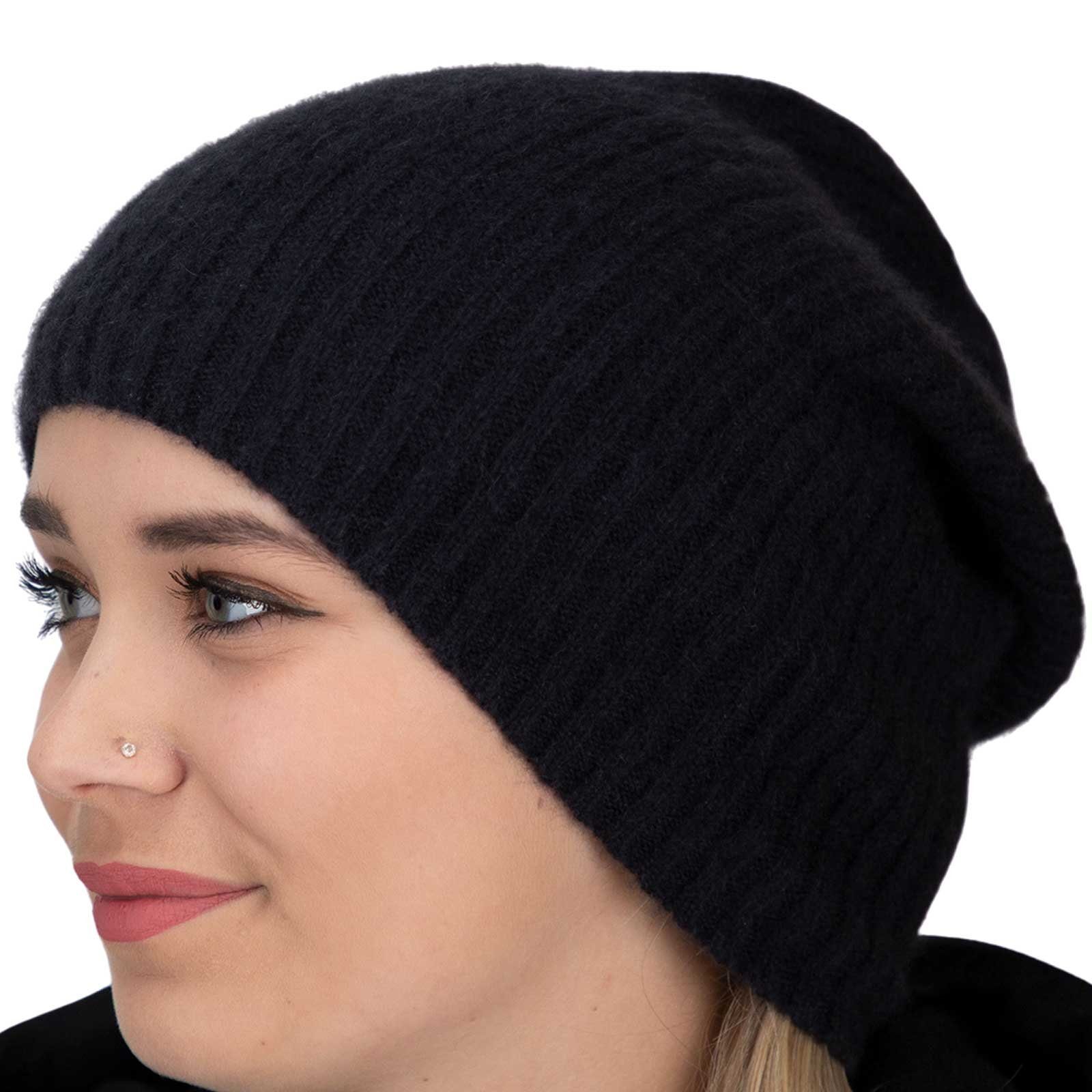 KUNST UND MAGIE Beanie Unisex Schwarz Mütze Long gerippt Wolle Kashmir Slouch Beanie aus