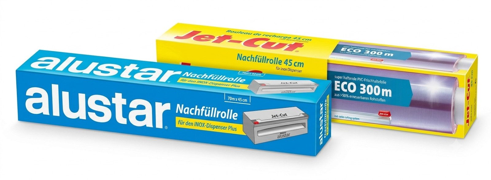 Jet-Cut Frischhaltefolie Kombi-Set Folie und Alufolie, 45 cm x 300 m, (Set, 300 m x 45 cm, + 70 m Alufolie