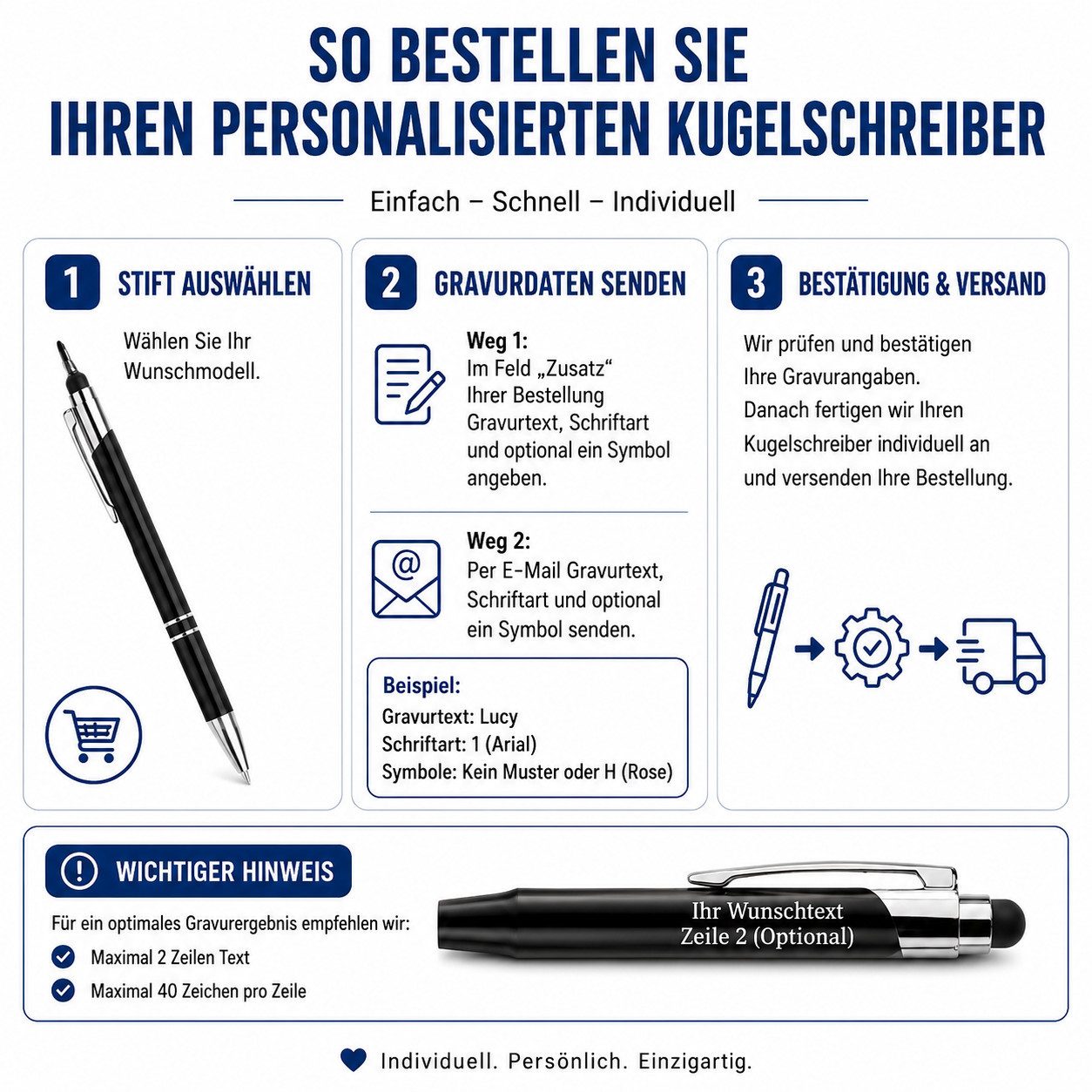 lindahandel Kugelschreiber Personalisierter Kugelschreiber mit Gravur, individueller Name Text, (10-tlg), blaue Tinte, Geschenk für Geburtstag Büro,Metall Kugelschreiber