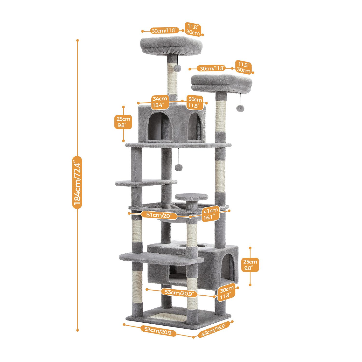 PETEPELA Kratzbaum Großer Kratzbaum, 184 cm großer Katzenturm für große Katzen, Sisal-bezogenen Polstern, 2 Sitzstangen, Doppelhaus und Korb