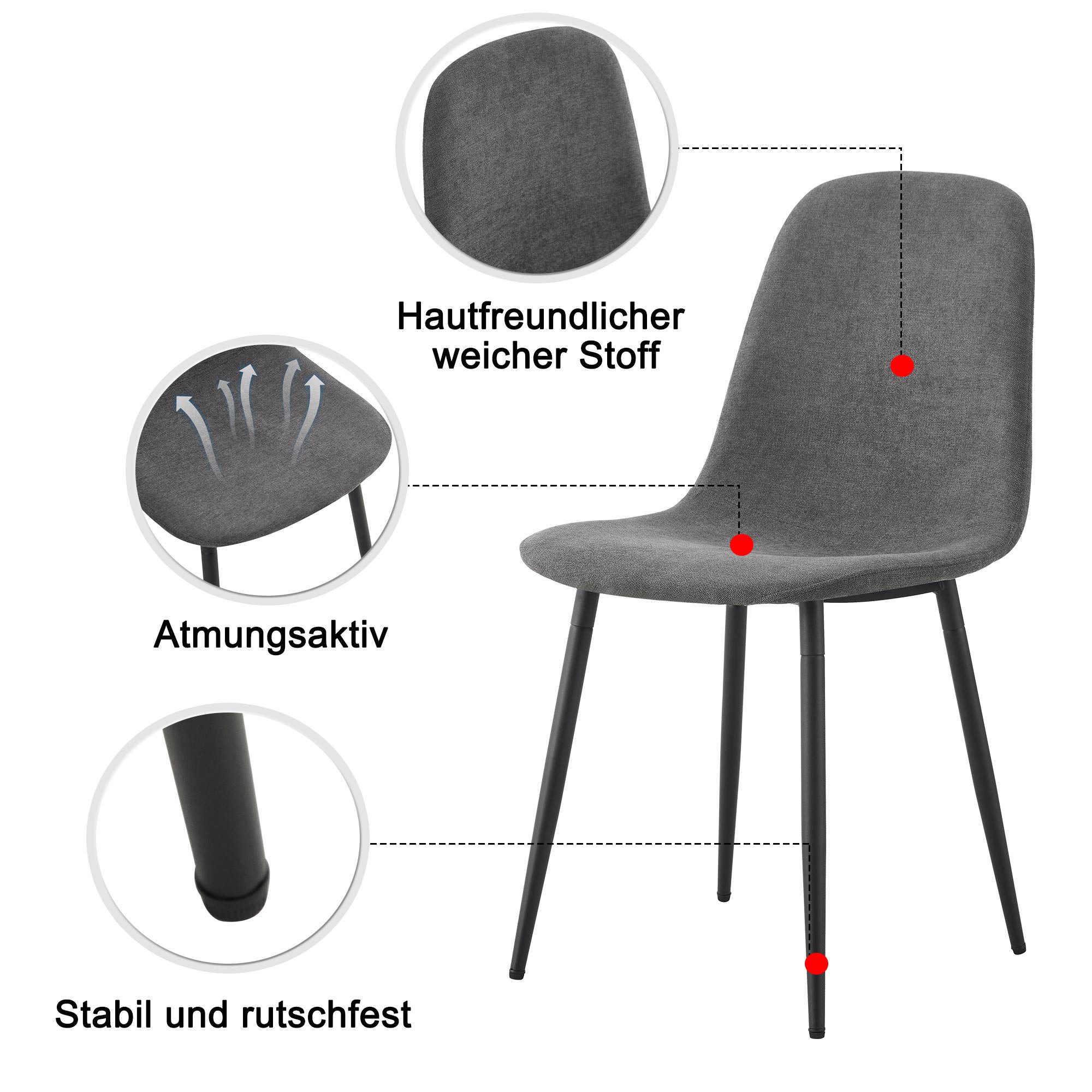 Essgruppe, (5-tlg., 117x68 cm Esstisch mit 4x Stühlen), Küchentisch Set, Leinen Esszimmerstuhl, Metallbeine