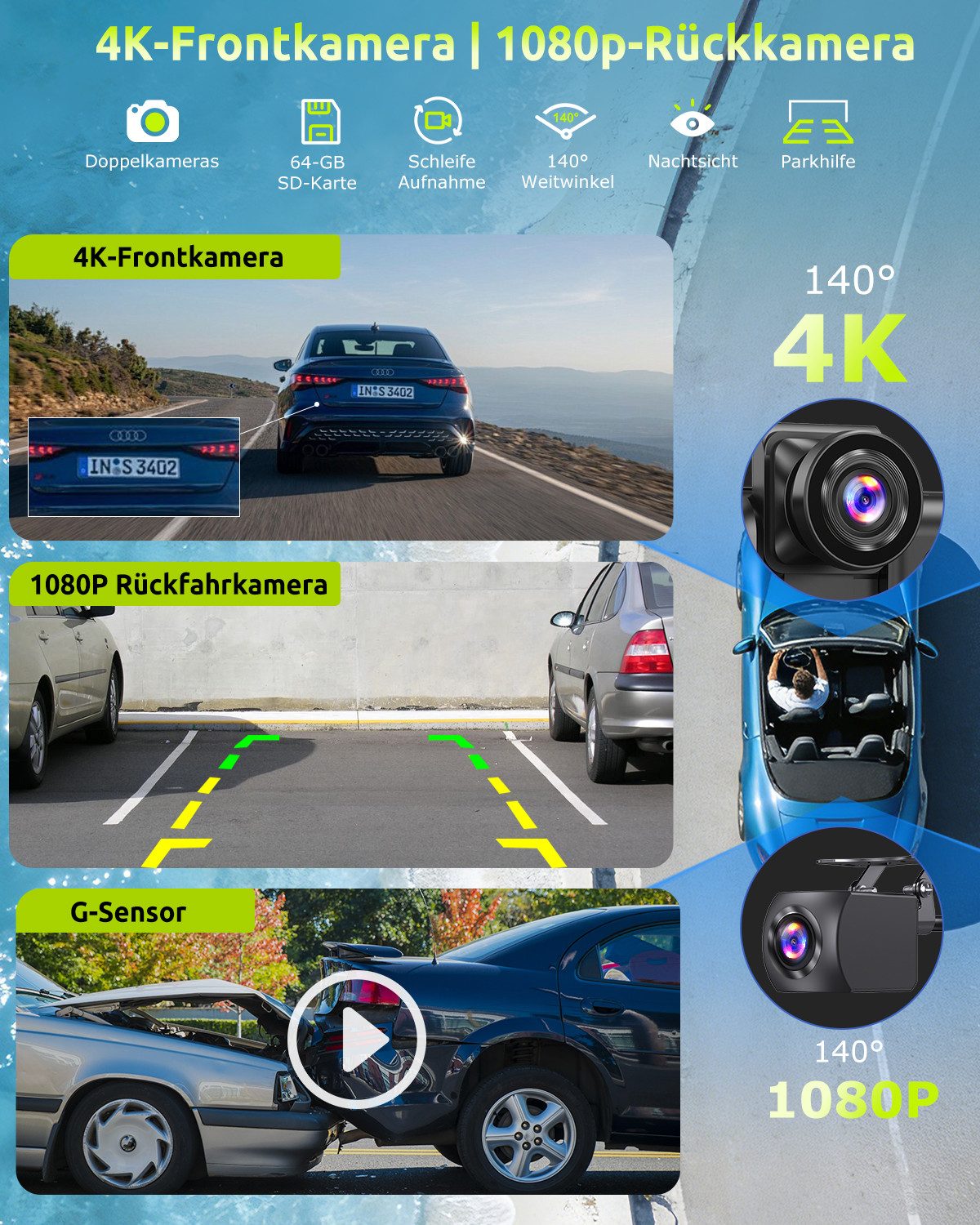 ESSGOO 4K 10.26'' Wireles Carplay Android Auto AutoRadio GPS Bluetooth5.0 DVR Navigationsgerät (64GB Rom TF Card WiFi,4K-Frontkamera/10.26" IPS Bildschirm(1600* – Bild 4 von 5