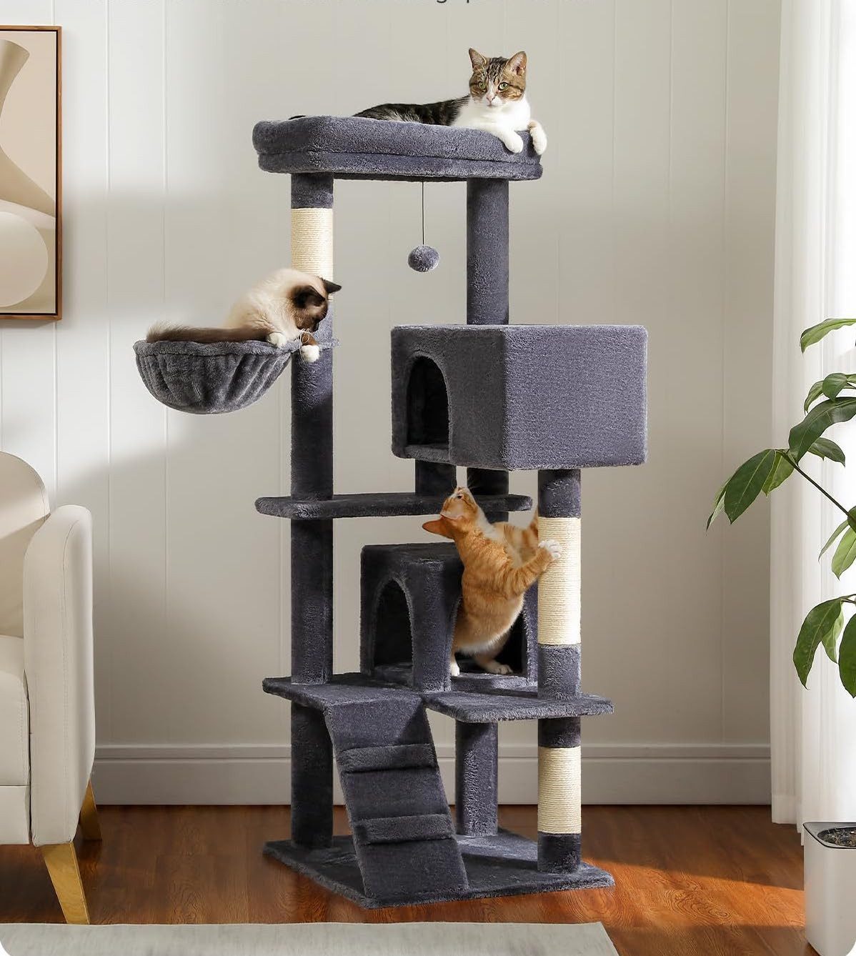 purplerain Kratzbaum Katzenbaum für große Katzen Erwachsene mit großer Sitzstange 143 cm