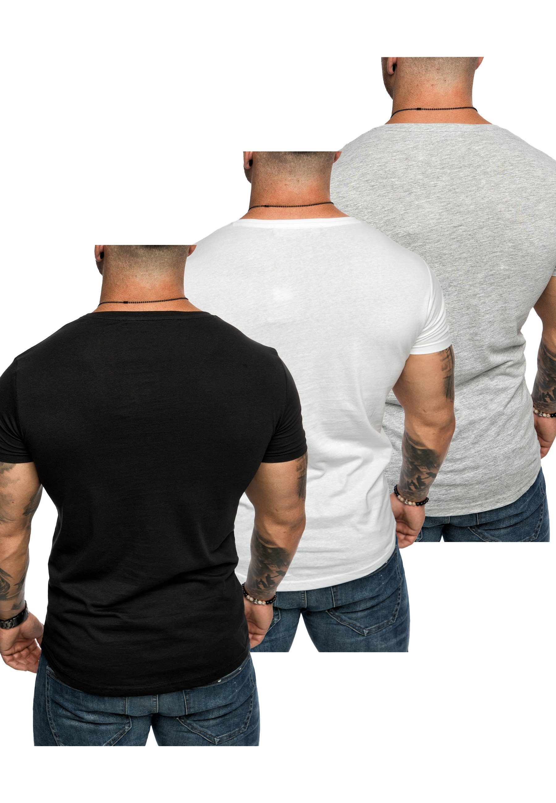 + V-Ausschnitt T-Shirt Herren + 3er-Pack BELLEVUE Amaci&Sons mit (3er-Pack) T-Shirt Oversize T-Shirts Schwarz) Basic 3. Weiß (Grau