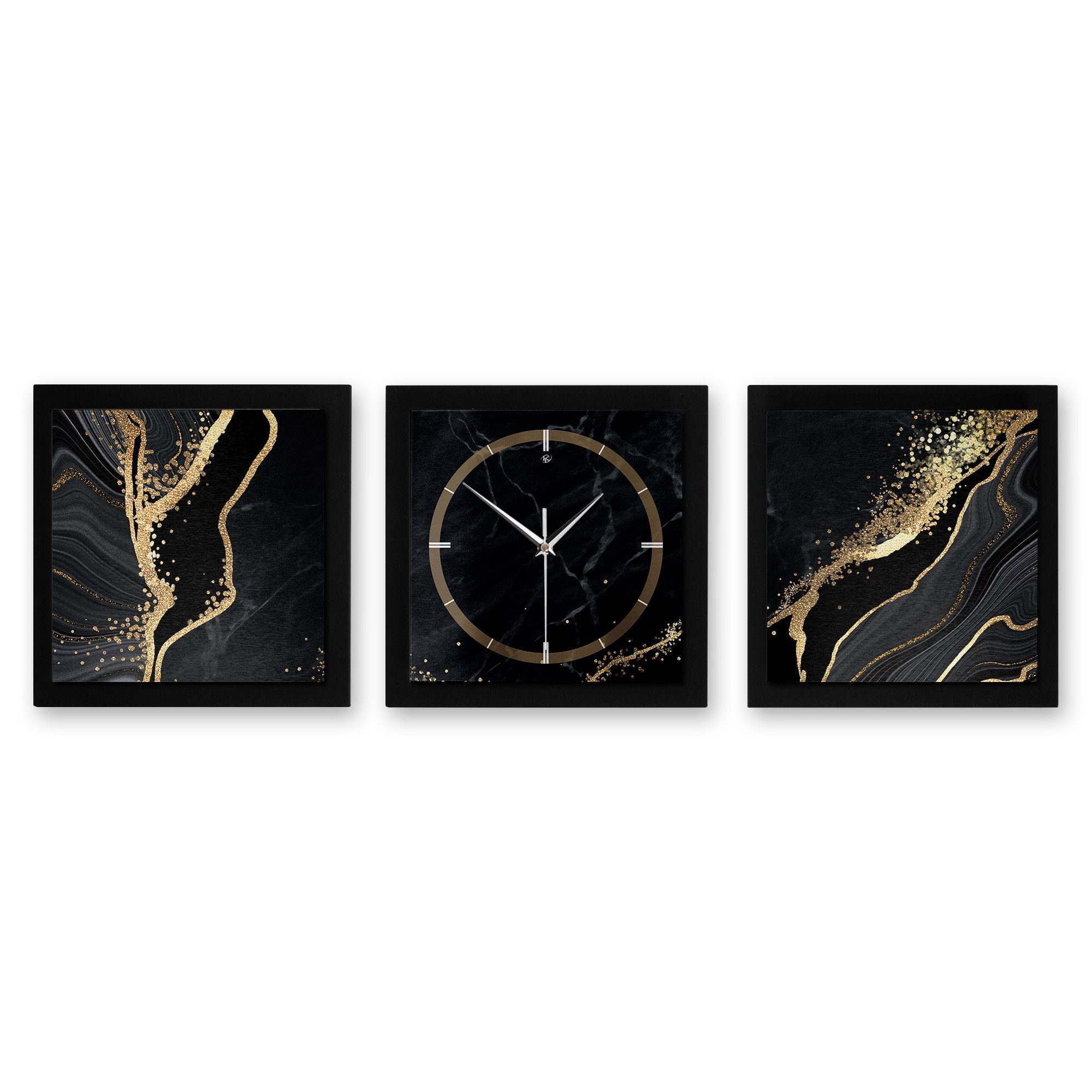 Gold Feder Ticken; Kreative oder modern) Black Funk- Marble 90x30cm Quarzuhrwerk; Wanduhr elegant, außergewöhnlich, (ohne & Querformat