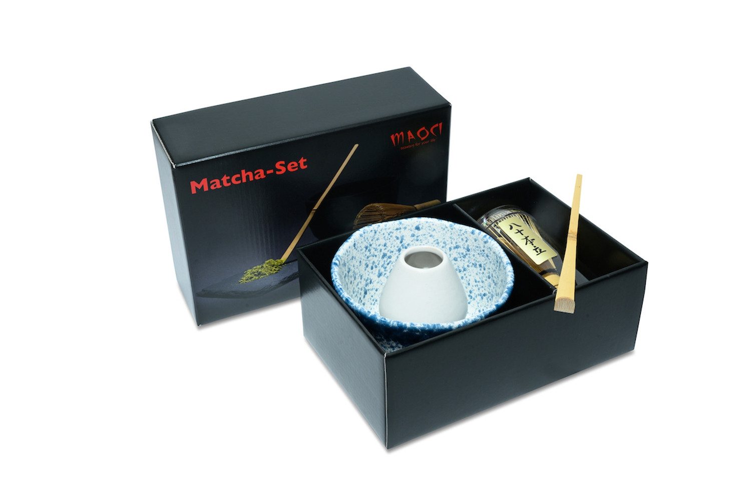 MAOCI teaware for your life Teeschale Matchaset Prem.blau gesprenkelt weiß Schale Besen Löffel Besenhalter, 4-tlg. Set im Geschenkkarton