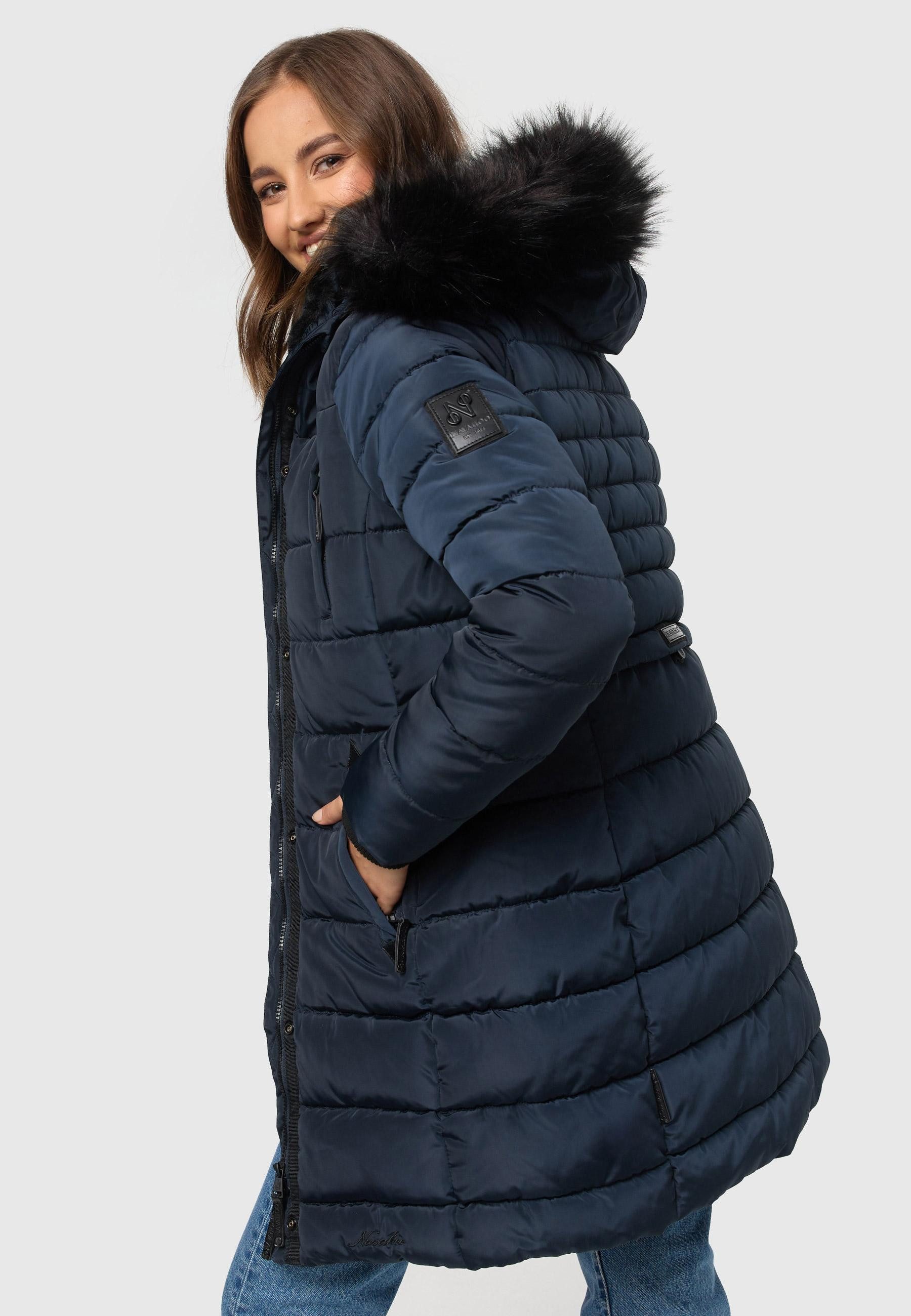 Navahoo Winterjacke Steppjacke lang mit Kapuze – Warm gefüttert Lange Winterjacke mit Teddyfutter und abnehmbarem Kunstfell