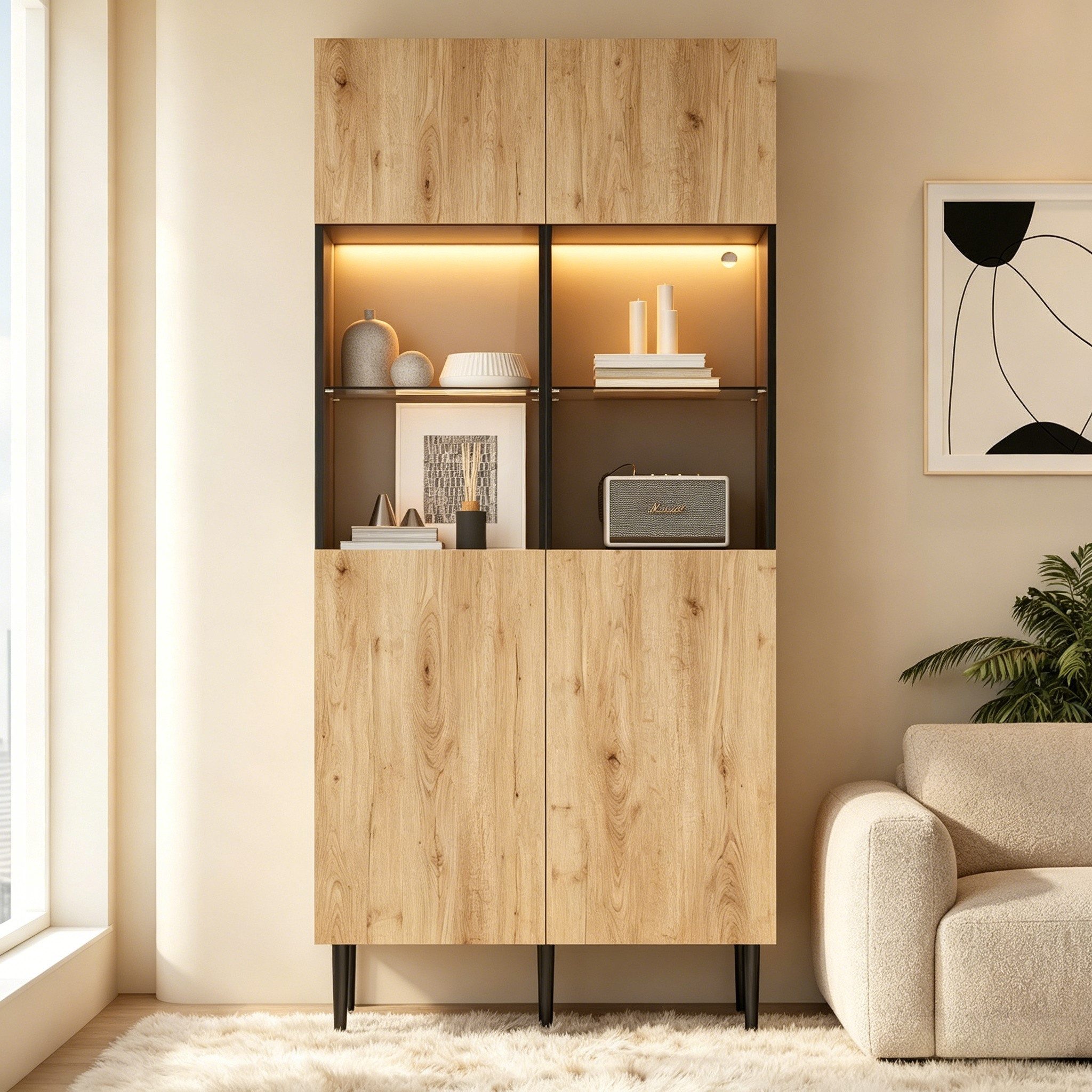 Merax Vitrine mit LED-Beleuchtung, Wohnzimmerschrank in Naturholzoptik & Schwarz (Aufbewahrungsschrank mit Metallbeinen, 1-St., 80x35x180 cm) Hochschrank mit Glastüren, 10 Fächern & verstellbaren Glasböden
