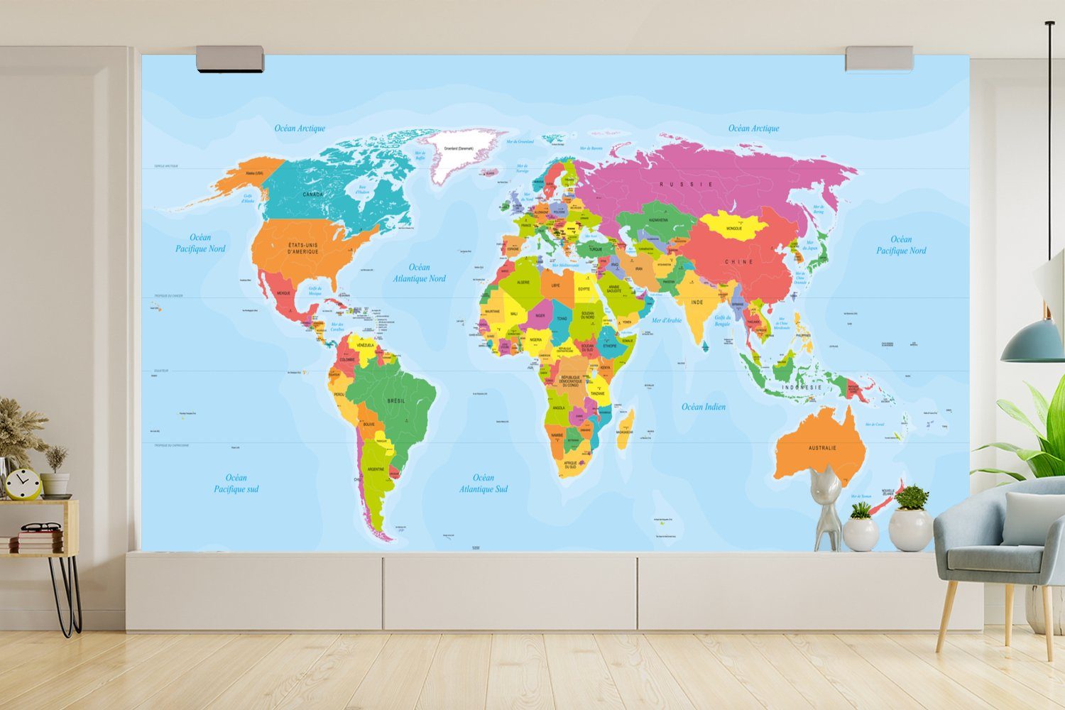 Französische Farben Weltkarte bedruckt, Wallpaper - Matt, Vinyl Fototapete Tapete Schlafzimmer, Kinderzimmer, MuchoWow Einfach, Wohnzimmer, St), für (8 -