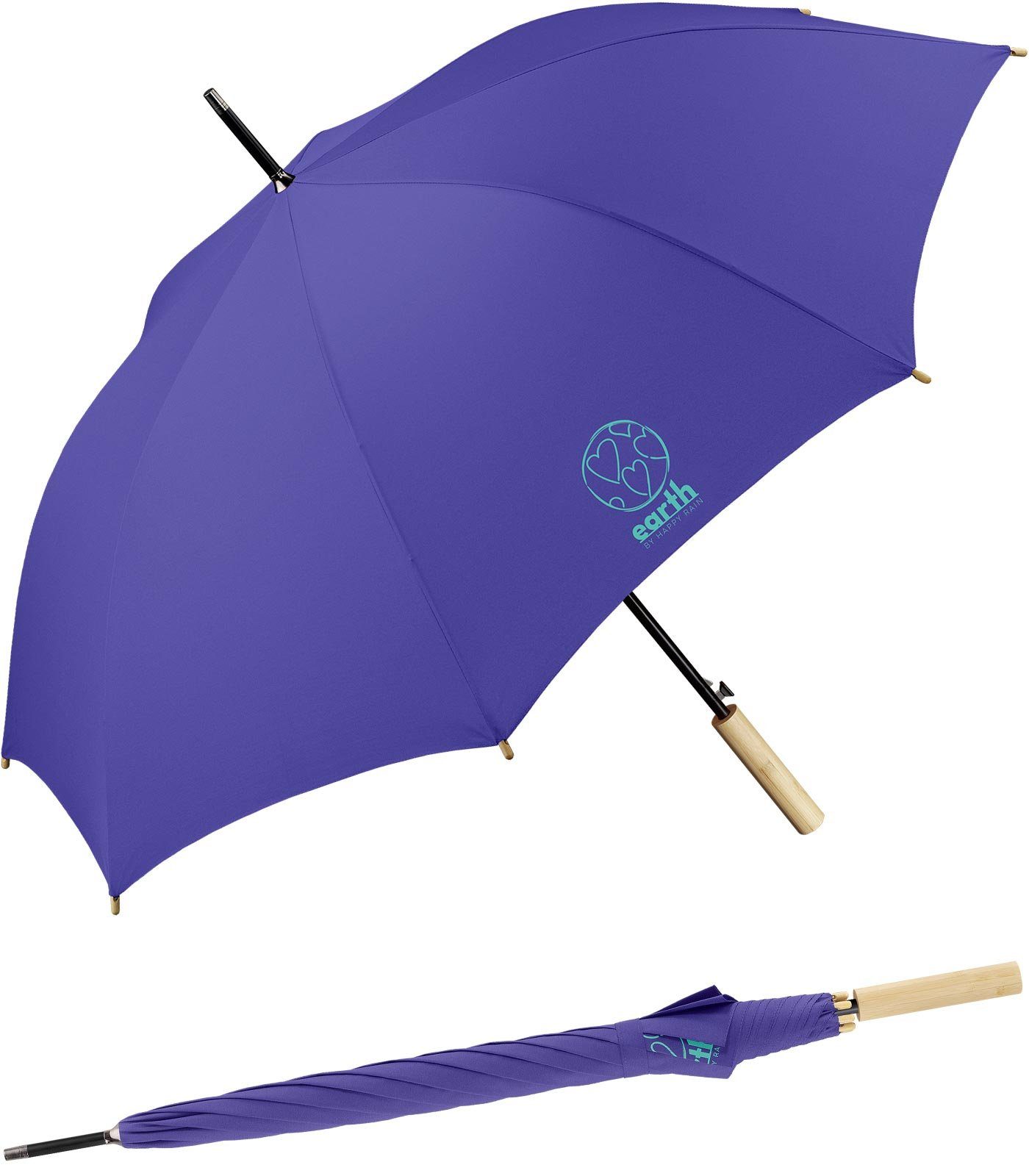 HAPPY RAIN Langregenschirm Earth - nachhaltiger Schirm mit Auf-Automatik, gut geschützt etwas für die Umwelt tun blau