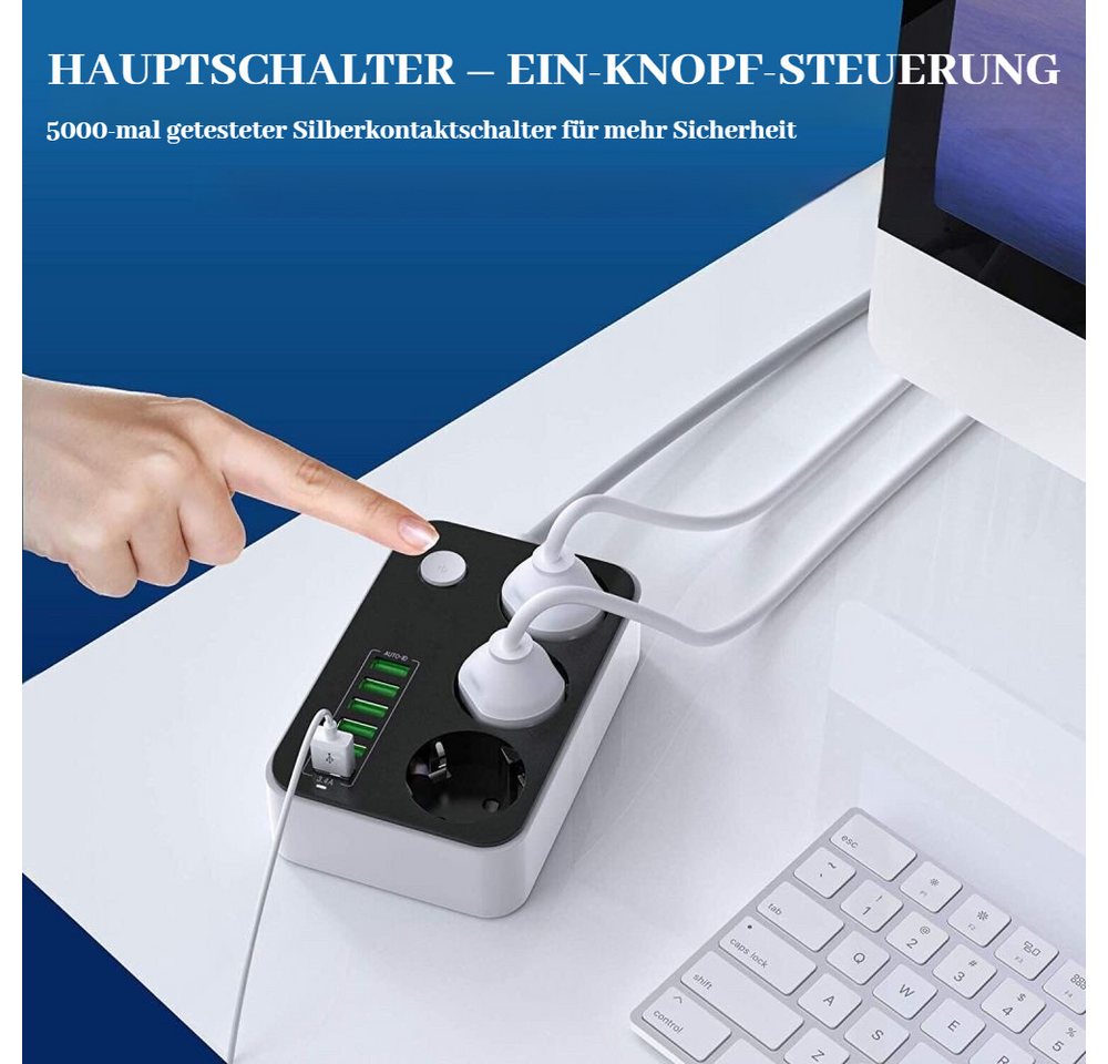 Thumbnail - BlingBin 2500W Steckdosenleiste mit 3 Fach und 6 USB Steckdosenadapter Steckdosenleiste (USB-Anschlüsse, Kabellänge 1.6 ...