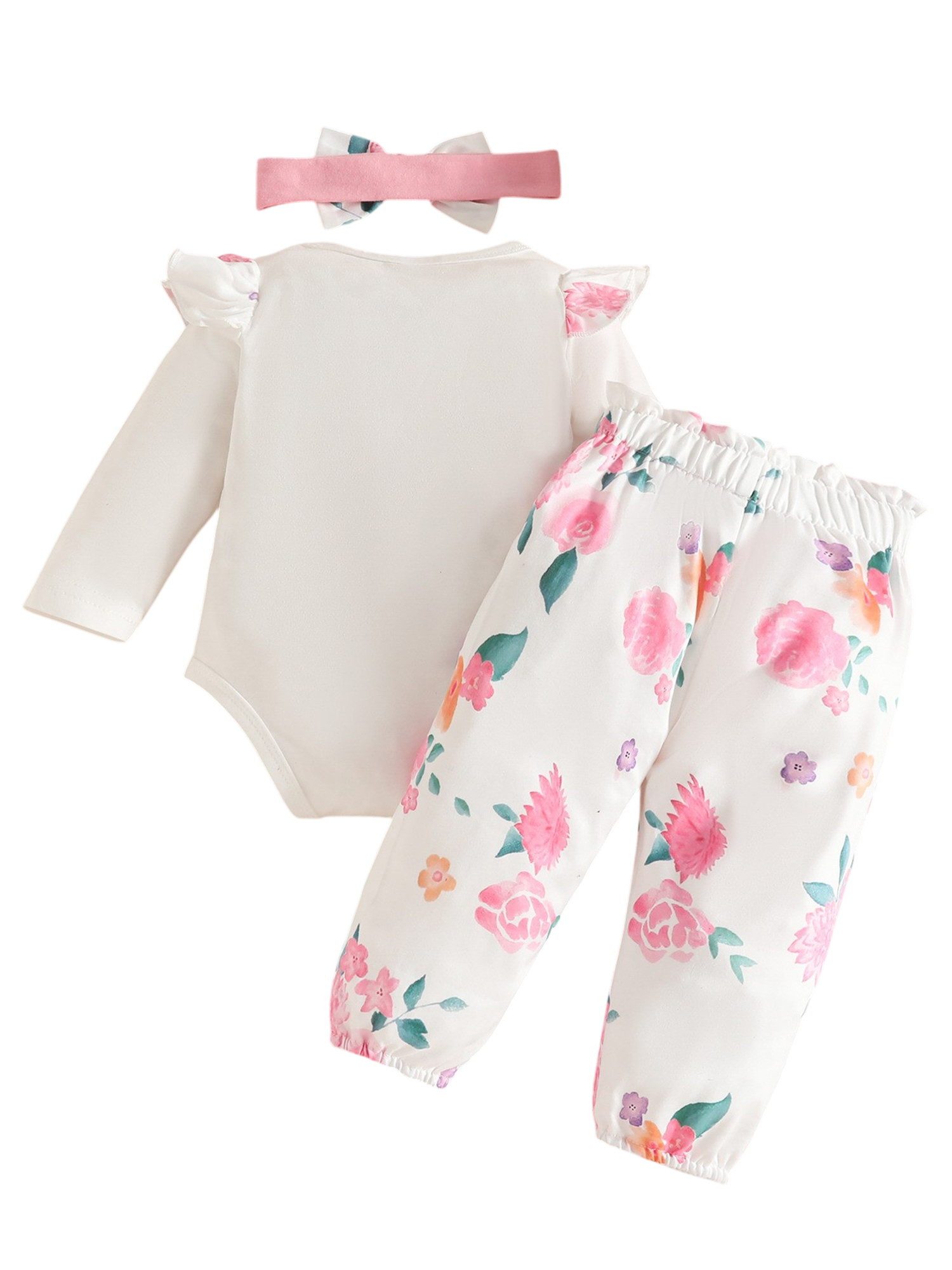 Lapastyle Shirt, Leggings & Haarband Baby Mädchen Langarm Body Strampler Rüschen Blumen Hosen+Stirnband Set (3-tlg) Einfarbige Pullover Strampler Top Babykleidung Outfit, 0-18 Monate