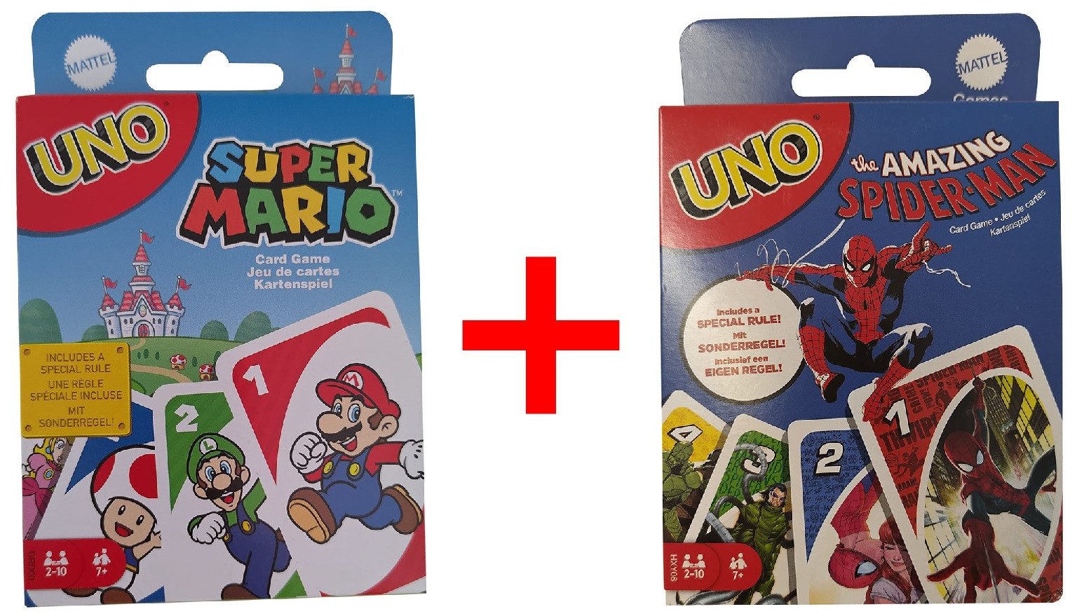 Mattel® Spiel UNO Super Mario und The Amazing Spider-Man, 2er-Set, je 112 Karten, Kartenspiel, Spielkarten
