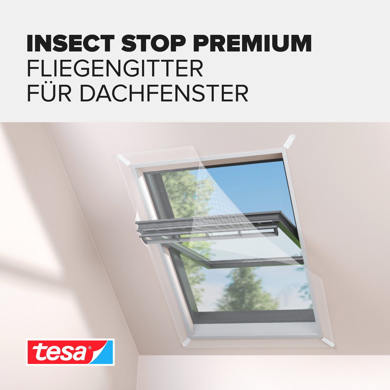 tesa Fliegengitter-Gewebe Fliegengitter für Dachfenster Premium Fenster, (Komplett-Set, 1-St., INSECT STOP 1,20 m x 1,40 m - Weiß (leichter Sichtschutz), Insektenschutz für Fenster - Fliegen Netz selbstklebend