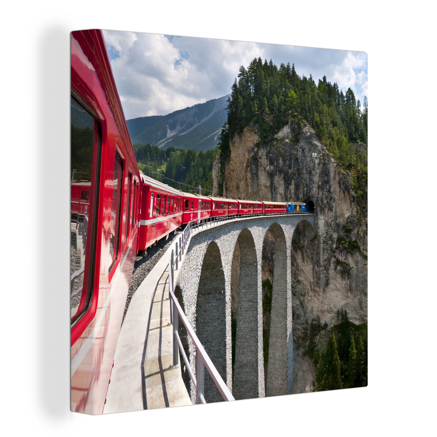 OneMillionCanvasses® Leinwandbild Ein rot gefärbter Zug in den Bergen, (1 St), Leinwand Bilder für Wohnzimmer Schlafzimmer
