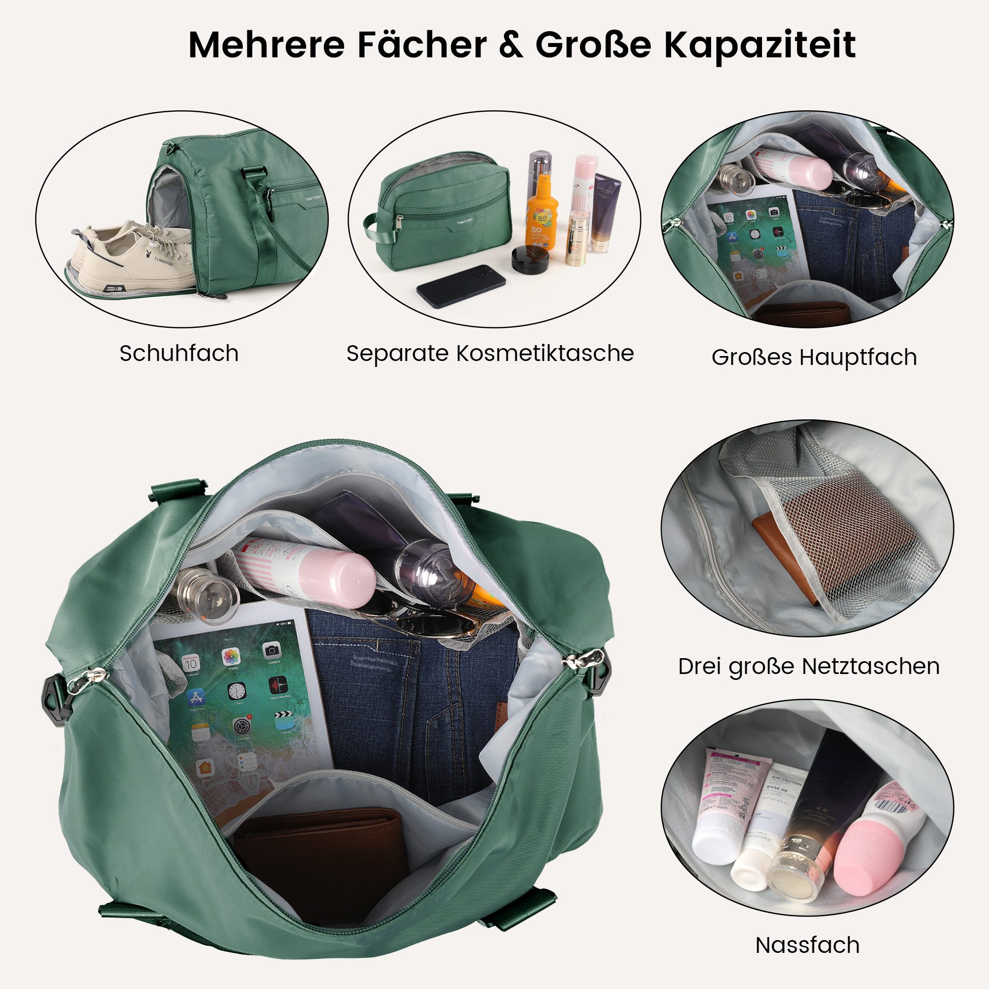 TANTOMI Reisetasche Reisetasche Damen Herren 44.5x20x28, Handgepäck Tasche Flugzeug, Sporttasche, Travel Bag mit Schuhfach und Kulturbeutel – Bild 3 von 5