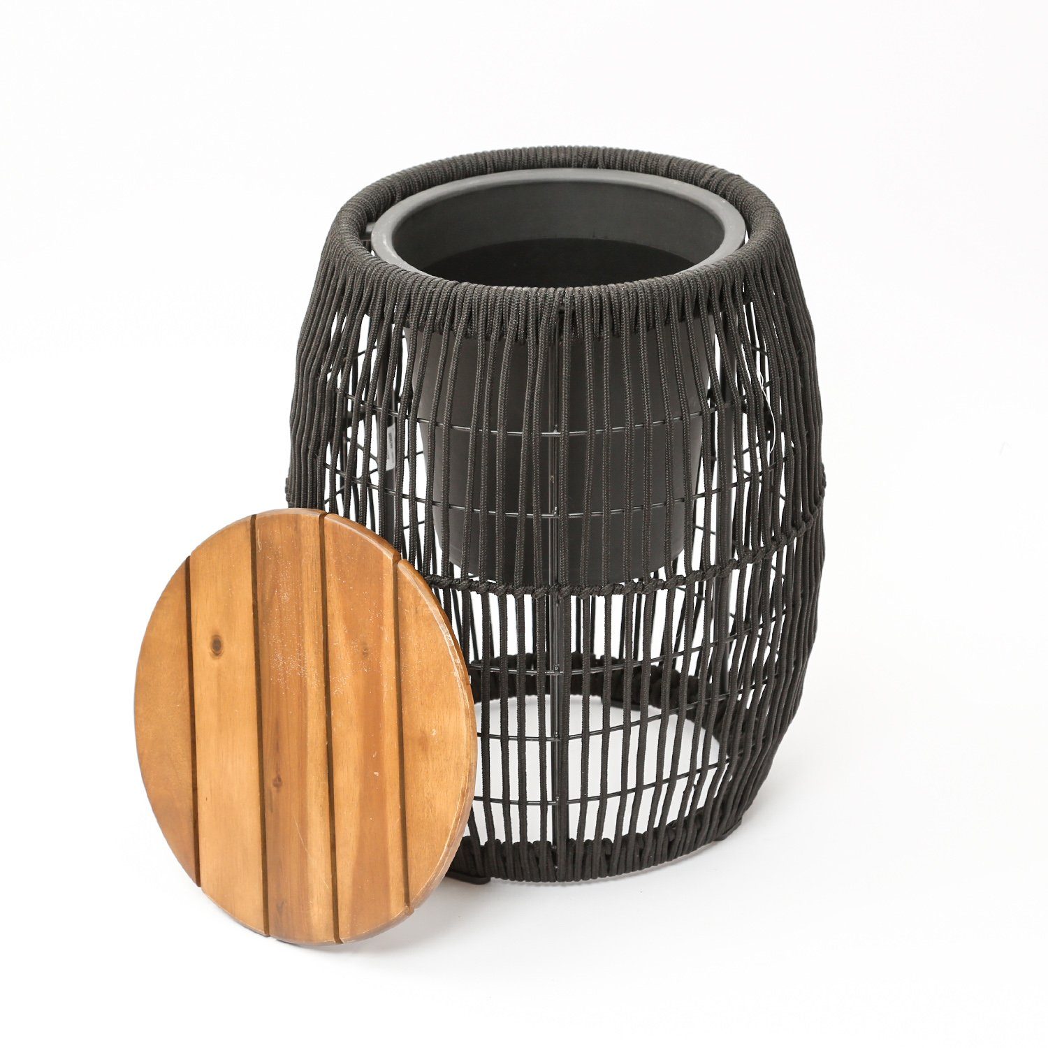 mit MARELIDA fassförmig Gartenmöbel Beistelltisch Gartentisch 49cm (1-St) Behälter schwarz Deckel
