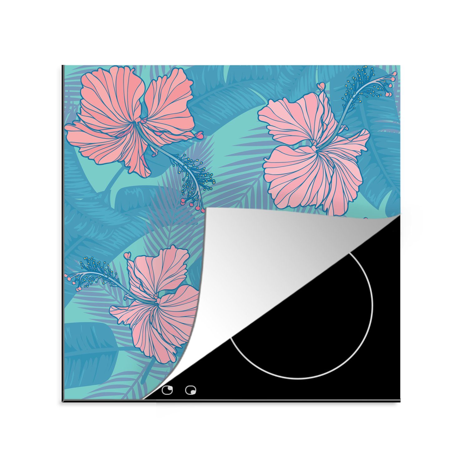 MuchoWow Herdblende-/Abdeckplatte Illustration eines tropischen Blumenmusters, Vinyl, (1 tlg), 78x78 cm, Ceranfeldabdeckung, Arbeitsplatte für küche