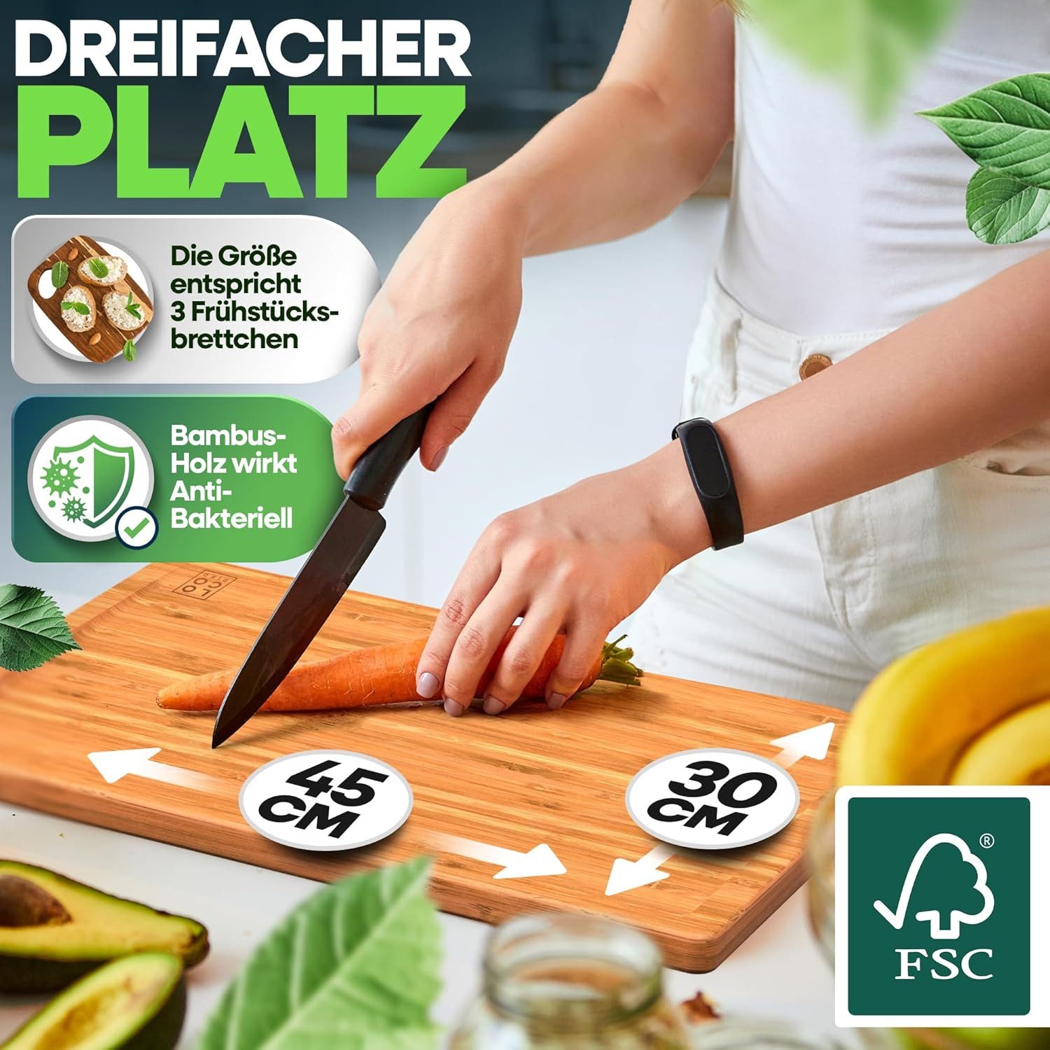 Loco Bird Schneidebrett mit Saftrille - 44,8x30x2 cm großes Holz-Brett für die Küche, Bambus, (1-St., XXL Tranchierbrett), Antibakterielles Holzbrett