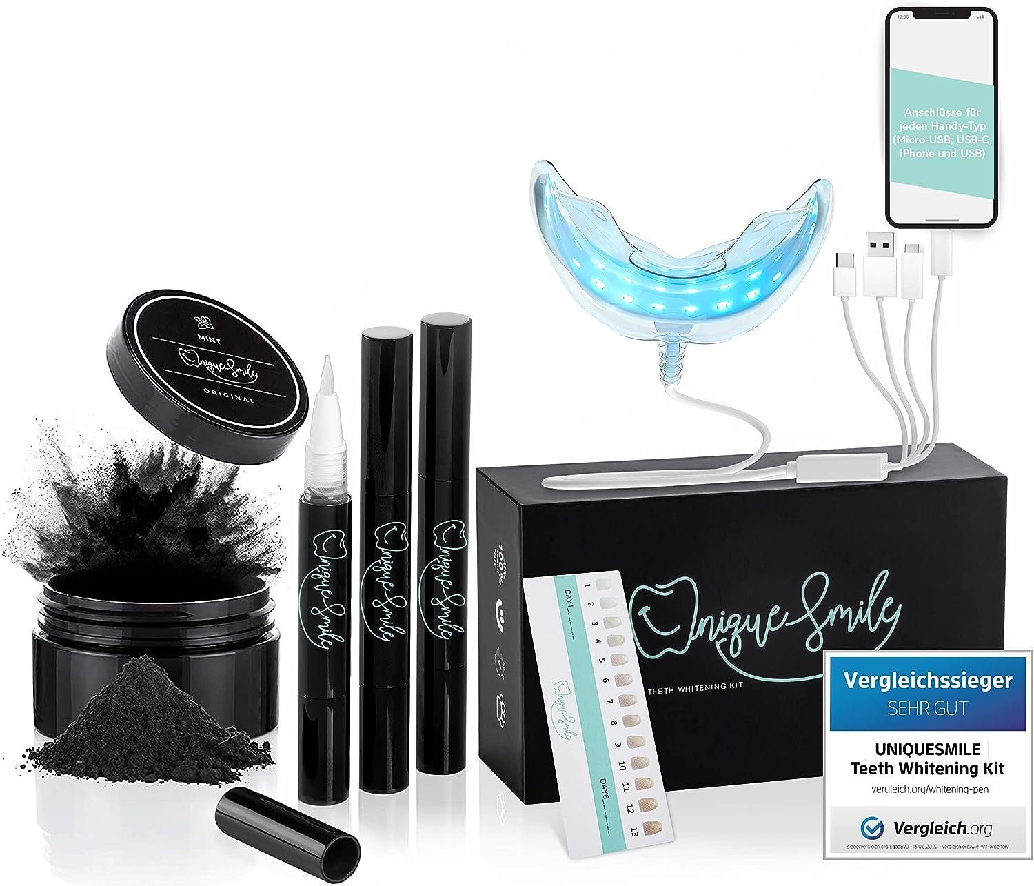 Uniquesmile Zahnbleaching-Kit Testsieger - 100 tage risikofrei testen - Teeth whitening kit, PAP Formel, LED Technologie, schmerzfrei, frei von Schadstoffen.
