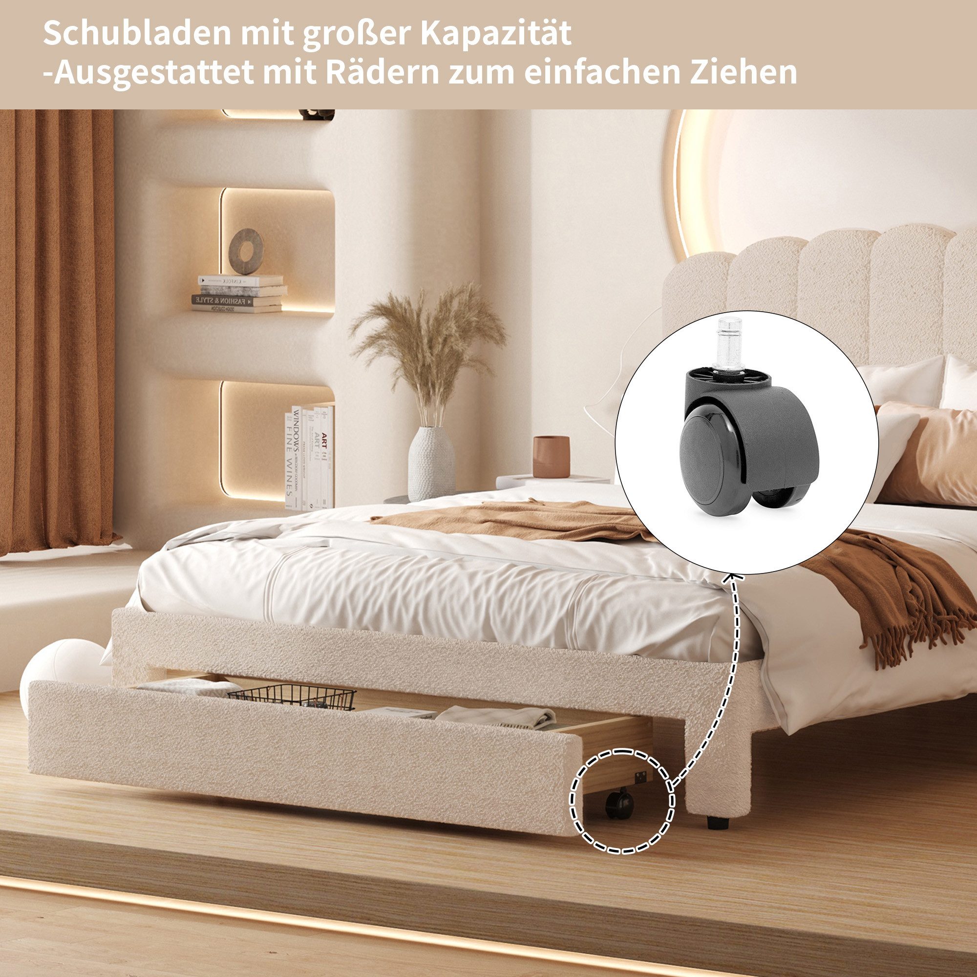 ADWOLT Polsterbett Doppelbett Stauraumbett mit USB+TYPE-C (Packung, 1-tlg., Jugendbett), 140x200 cm,Gepolstert,Schublade am Ende des Bettes,Plüschstoff-Beige – Bild 5 von 5