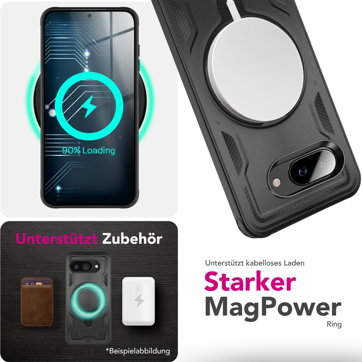 Nalia Smartphone-Hülle Google Pixel 9a 16 cm (6,3 Zoll), Panzer Militärschutz / Extrem Robust / Magsafe / 360° Ring / Kickstand