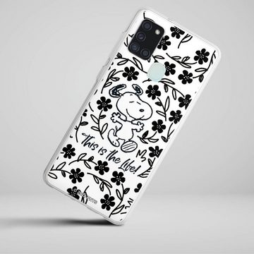 DeinDesign Handyhülle Peanuts Blumen Snoopy Snoopy Black and White This Is The Life, Samsung Galaxy A21s Silikon Hülle Bumper Case Handy Schutzhülle