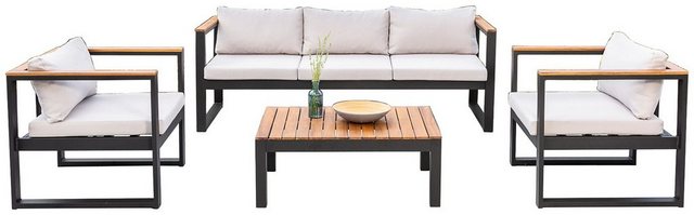 MERXX Loungeset Mykonos, 14-tlg., 2 Sessel, 3er Bank, Tisch 60x90 cm, Akazie/Alu