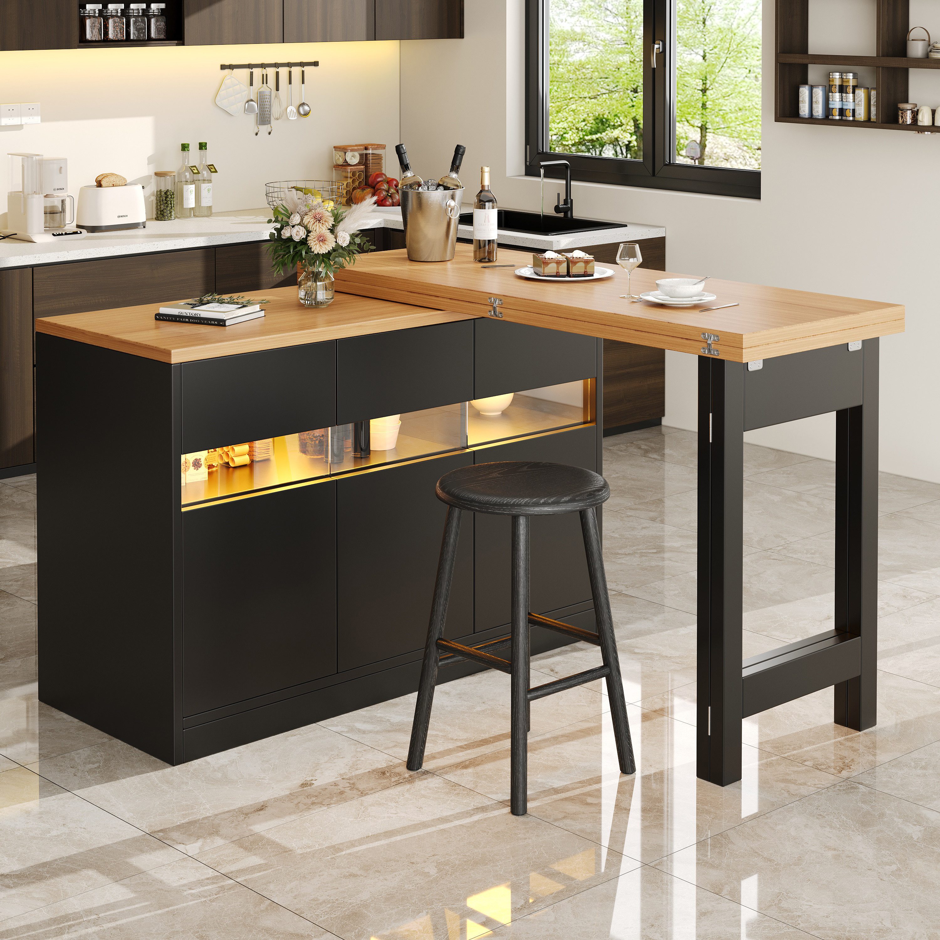 Odikalo Kücheninsel Esstisch Bartisch Stehtisch mit LED & 360° Drehfunktion, (Ausziehbarer Längenverstellbar 120-180 Moderner Kücheninsel Tisch mit Stauraum für Wohnzimmer Esszimmer Homeoffice)