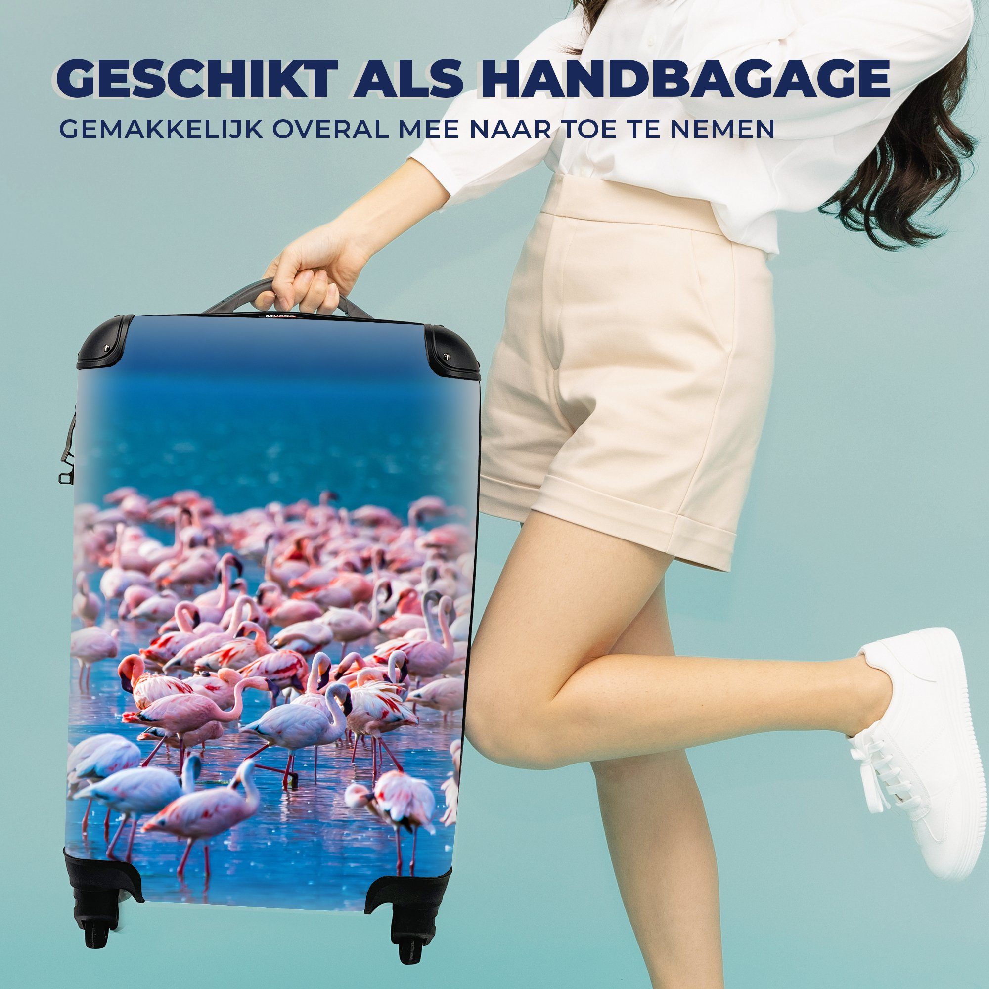 Rosa, Flamingo Reisekoffer Ferien, Rollen, mit Tropisch Handgepäckkoffer für Reisetasche 4 - Handgepäck - rollen, Trolley, Wasser - MuchoWow