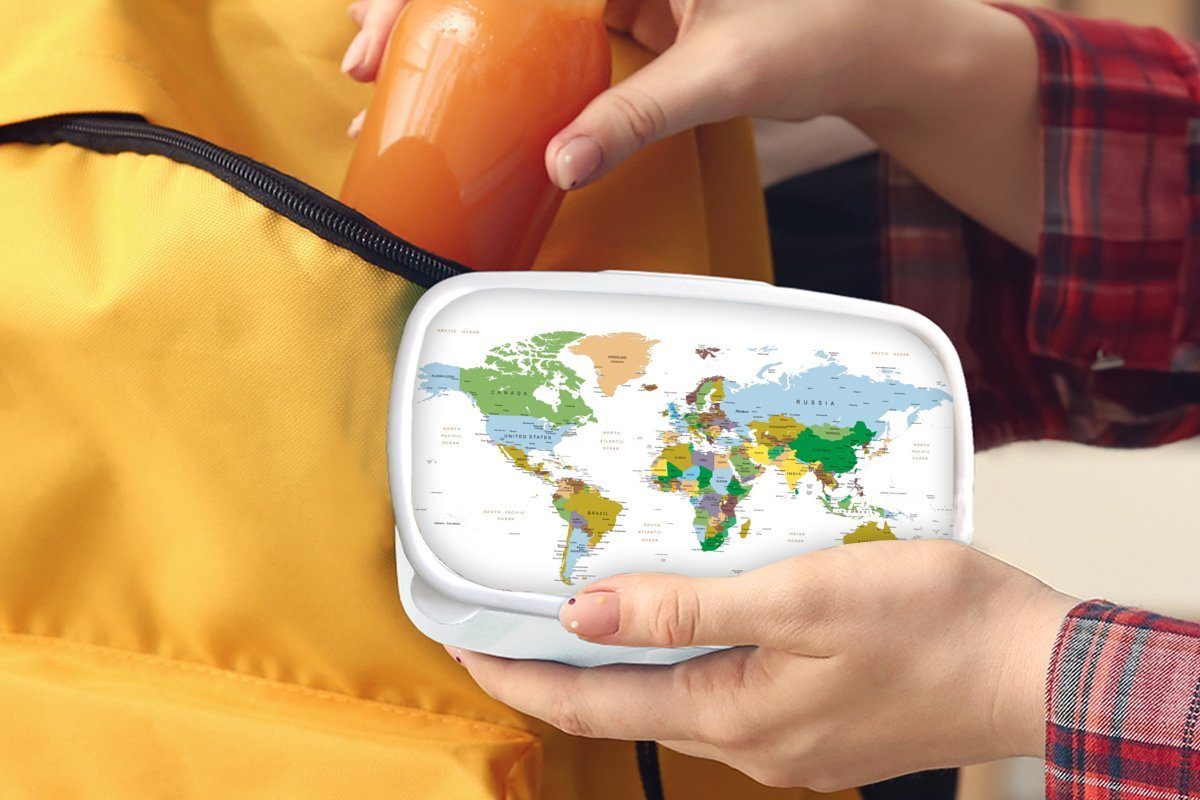 Lunchbox Farben, Weltkarte MuchoWow Kunststoff, - weiß Jungs Mädchen - Erwachsene, Erde für Brotbox Kinder und für Brotdose, (2-tlg), und