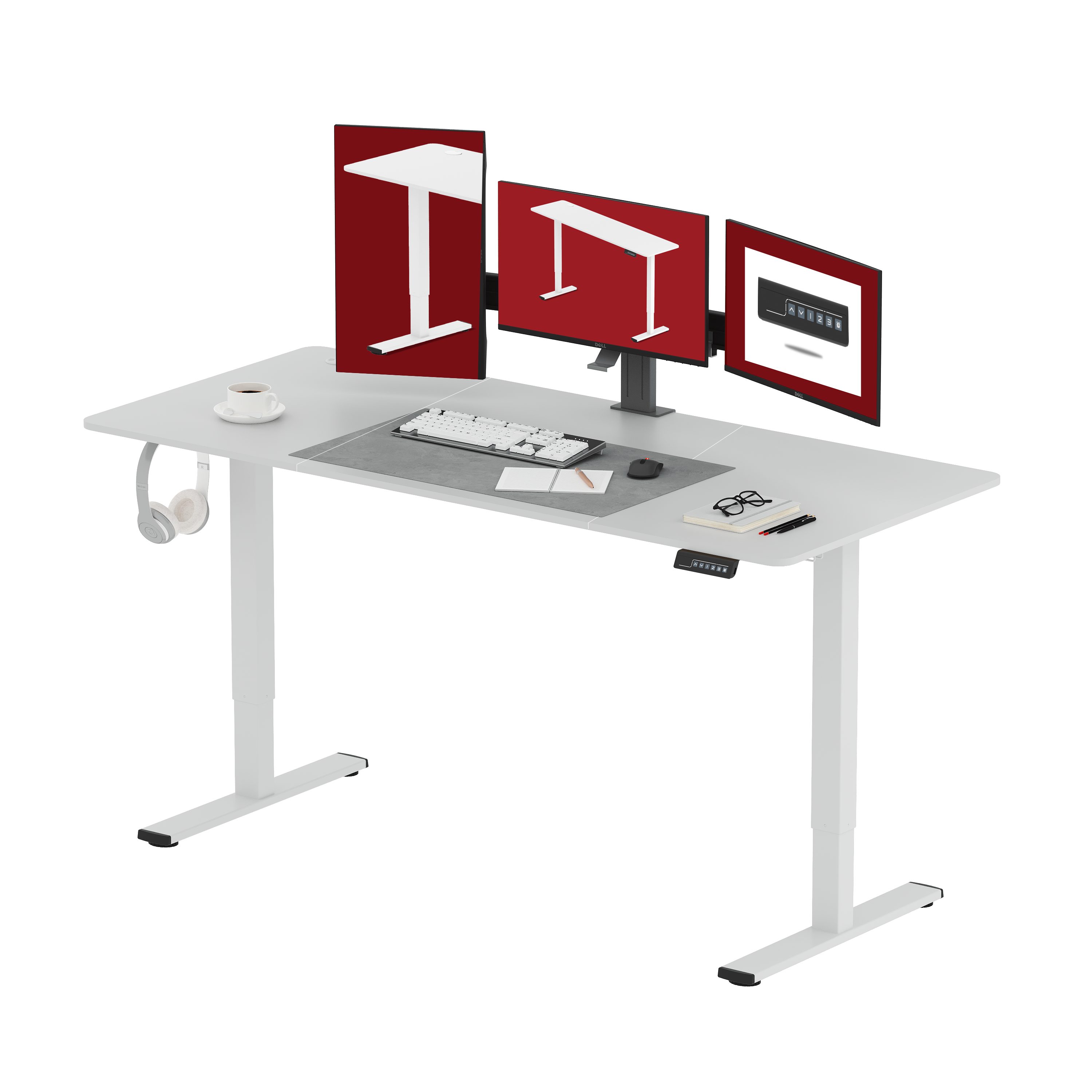 SANODESK Schreibtisch Elektrisch höhenverstellbarer Schreibtisch, Sitz-Steh-Tisch (Anti-Kollisionssystem, Ergonomischer Steh-Sitz Computertisch mit Memory-Funktion), mit Getränkehalter, Box, Haken & Kabelmanager, 120/140/160 *60 cm