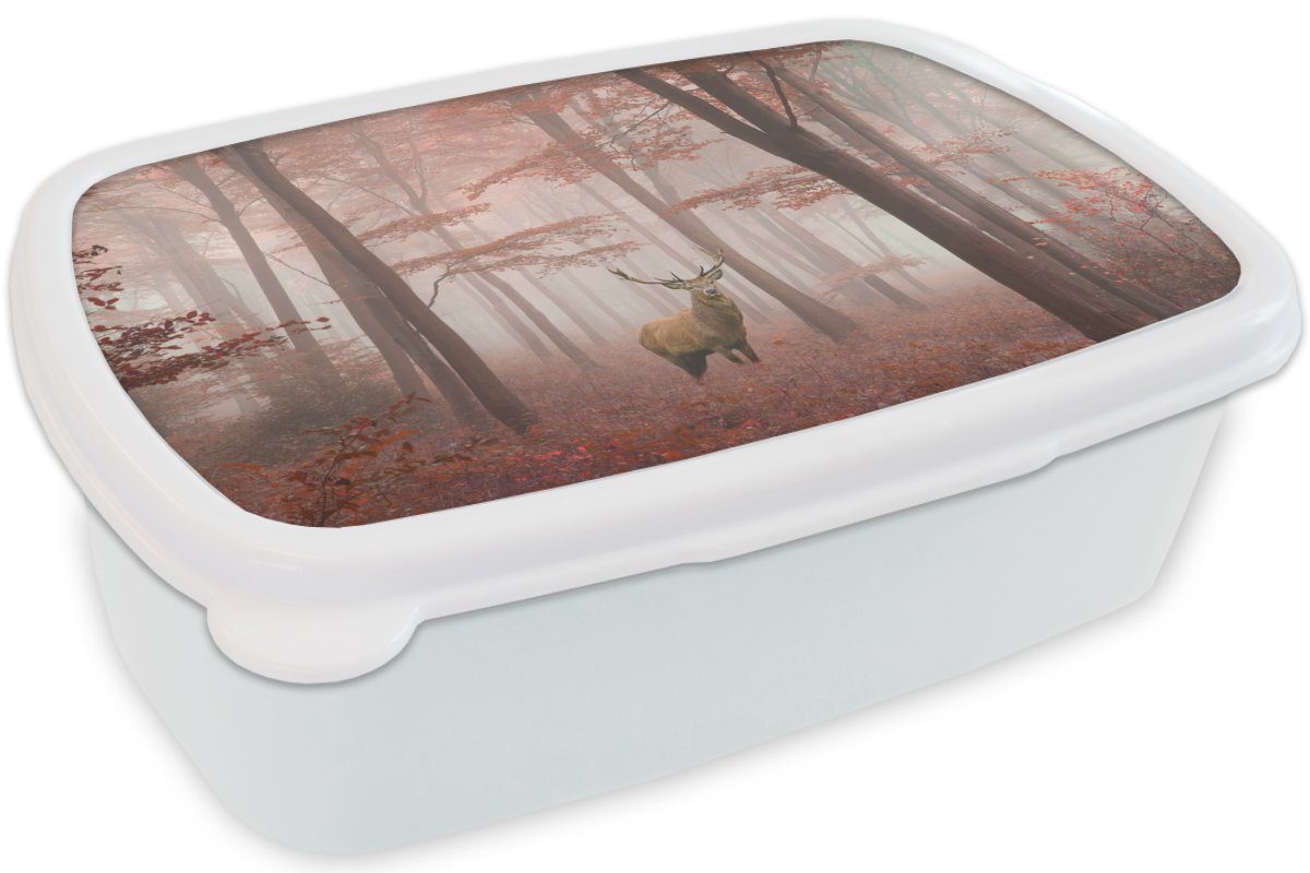 Erwachsene, Jungs Rot Kinder - für Mädchen Wald weiß Brotdose, Lunchbox Brotbox Kunststoff, (2-tlg), - Hirsche und - und für Herbst, MuchoWow