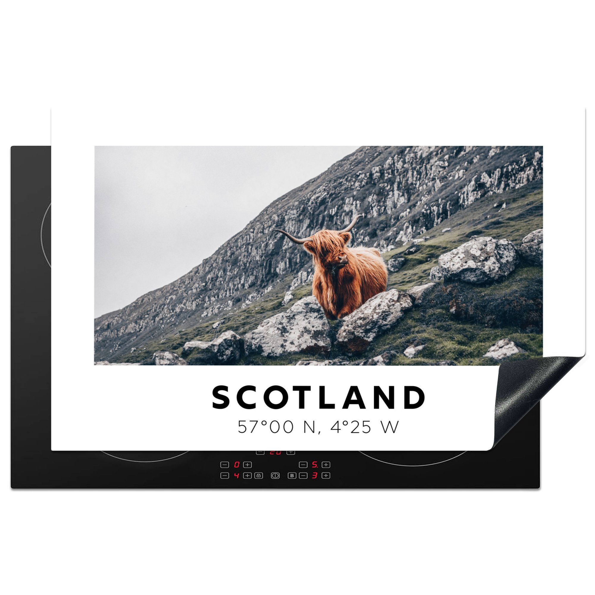 MuchoWow Herdblende-/Abdeckplatte Schottland - Schottische Highlander - Berge - Tiere, Vinyl, (1 tlg), 81x52 cm, Induktionskochfeld Schutz für die küche, Ceranfeldabdeckung