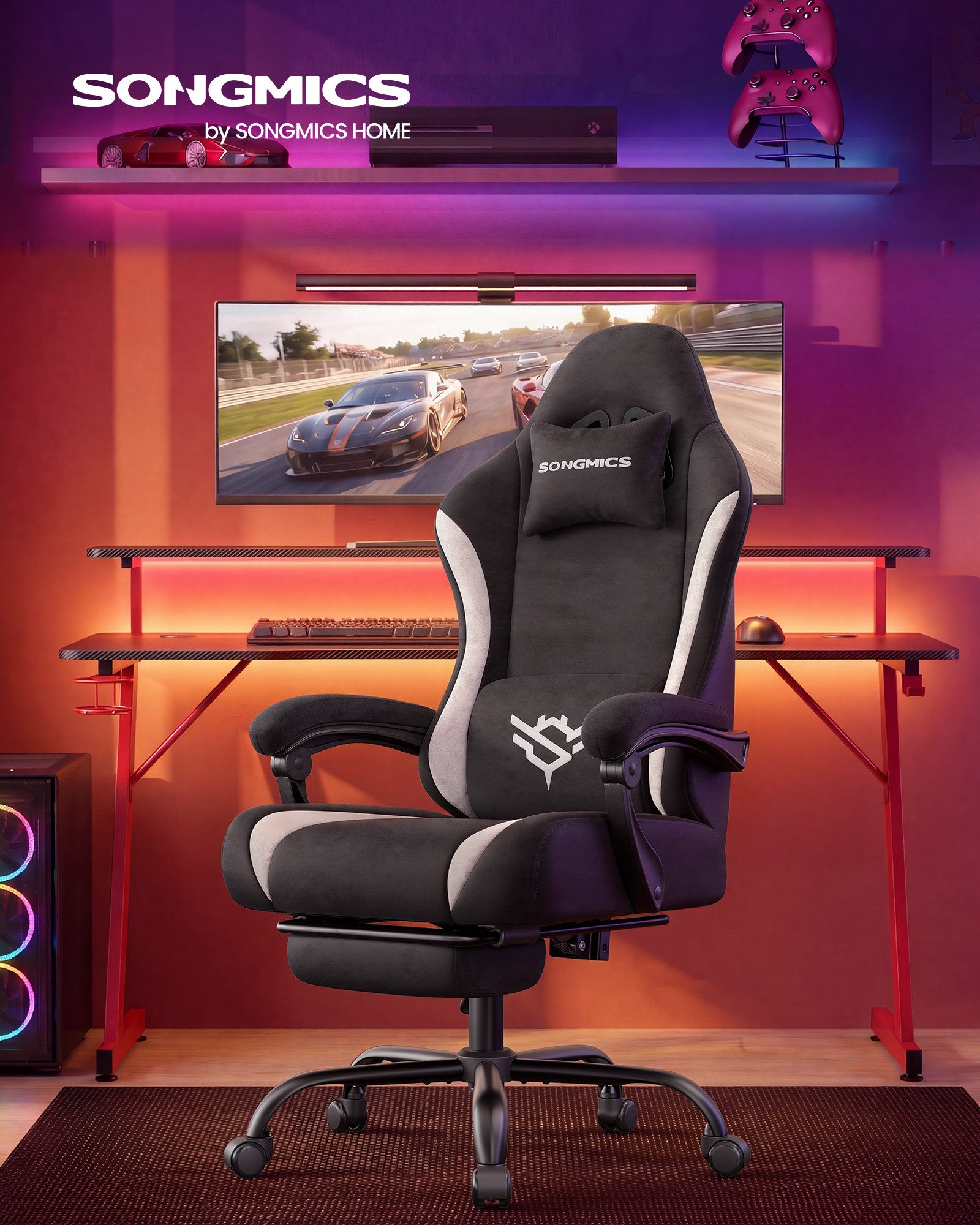 SONGMICS Drehstuhl Gaming Stuhl, ergonomischer Bürostuhl, mit Fußstütze und Lendenkissen, 135° Neigung, aus Polyester, 70 x 70 x 120-130 cm