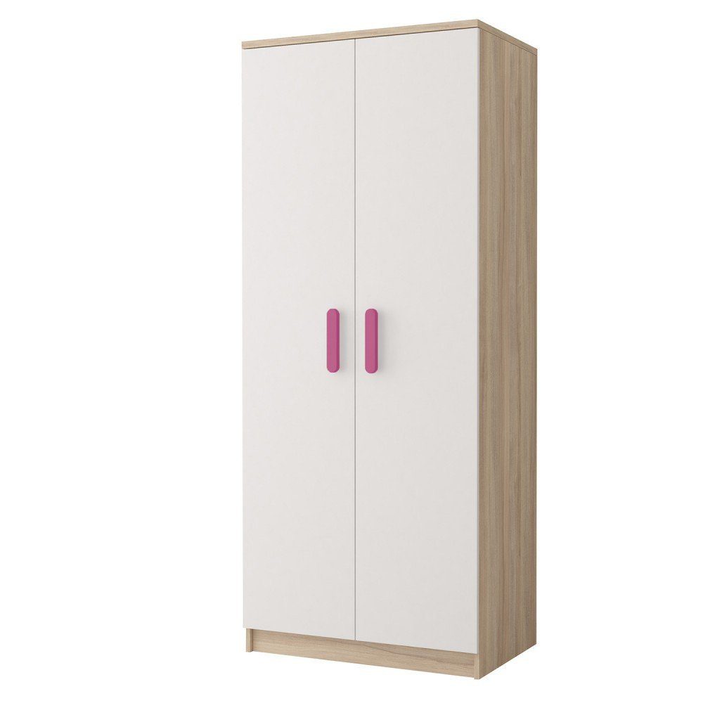 Polini Home Schwebetürenschrank Kleiderschrank 2-türig 80x193x50cm für Kinderzimmer Jugendzimmer Ei eiche-weiß-rosa | Eiche-weiß-rosa